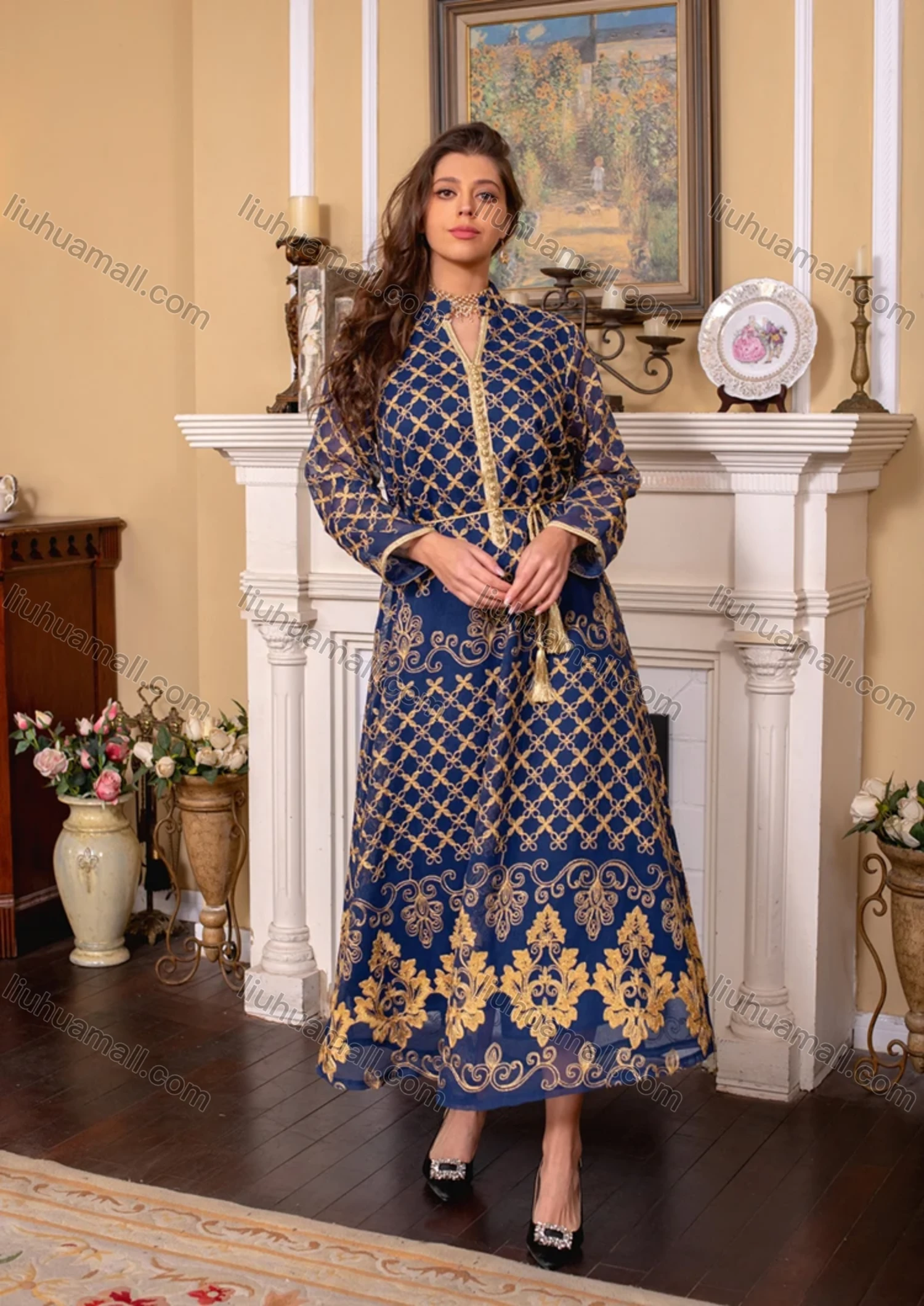 Wholesale Women's Muslim Islamic Splicing Embroidered Floral Maxi Abaya Dress With Scarf AB276# - Liuhuamall