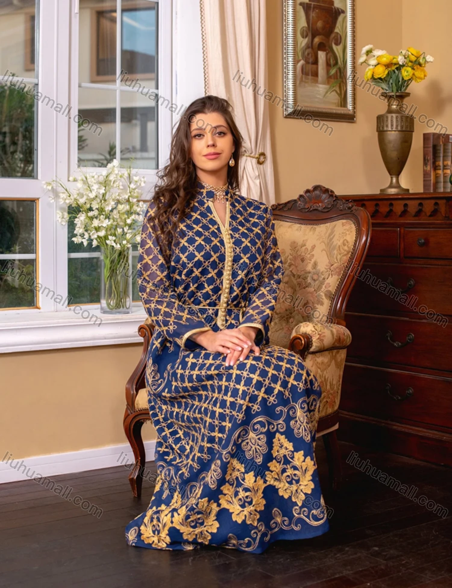 Wholesale Women's Muslim Islamic Splicing Embroidered Floral Maxi Abaya Dress With Scarf AB276# - Liuhuamall