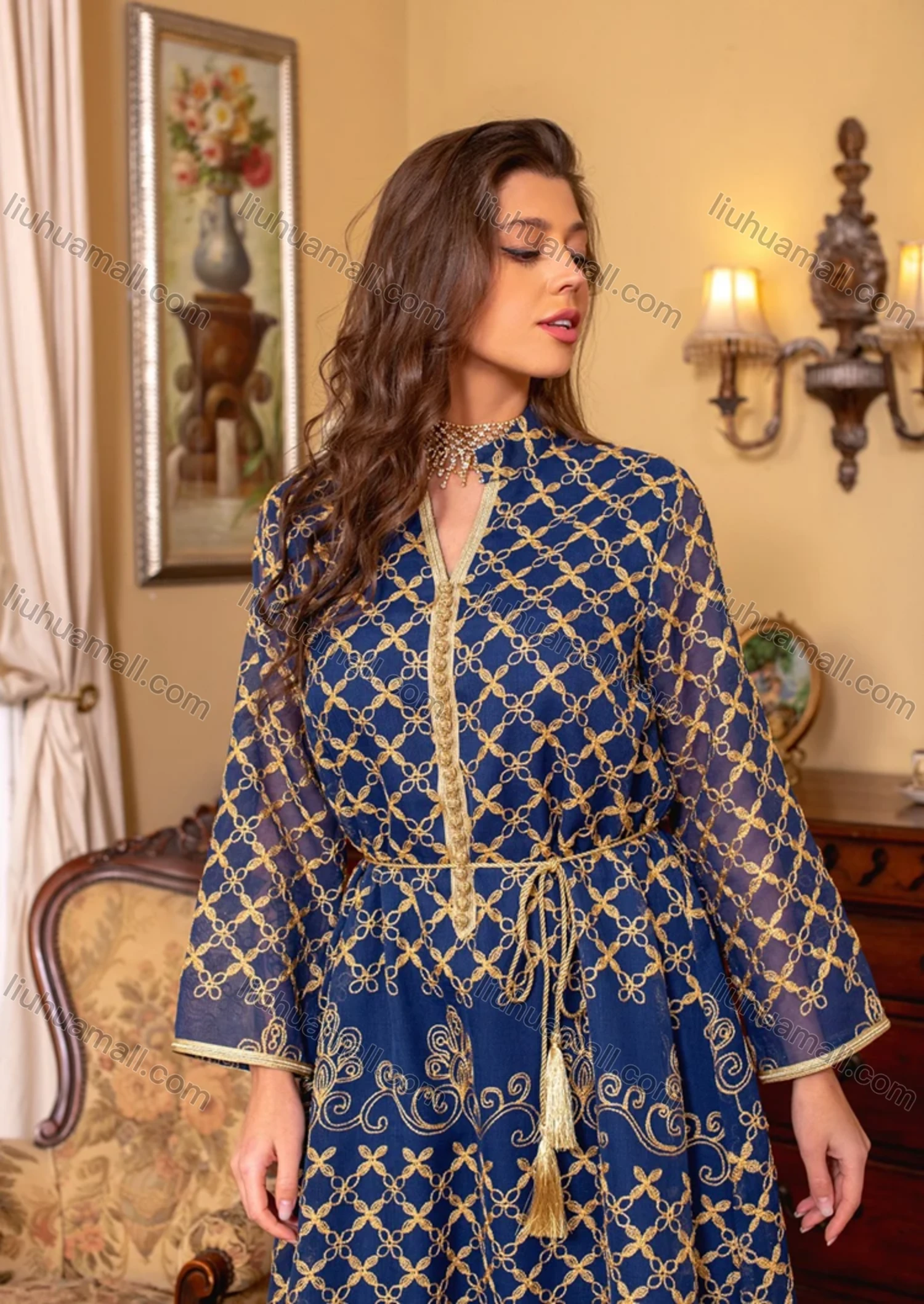 Wholesale Women's Muslim Islamic Splicing Embroidered Floral Maxi Abaya Dress With Scarf AB276# - Liuhuamall