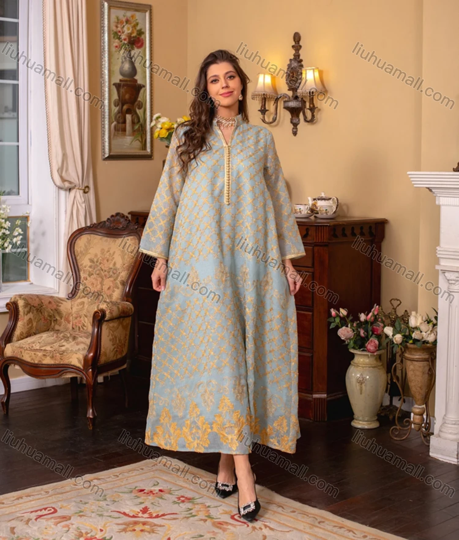 Wholesale Women's Muslim Islamic Splicing Embroidered Floral Maxi Abaya Dress With Scarf AB276# - Liuhuamall