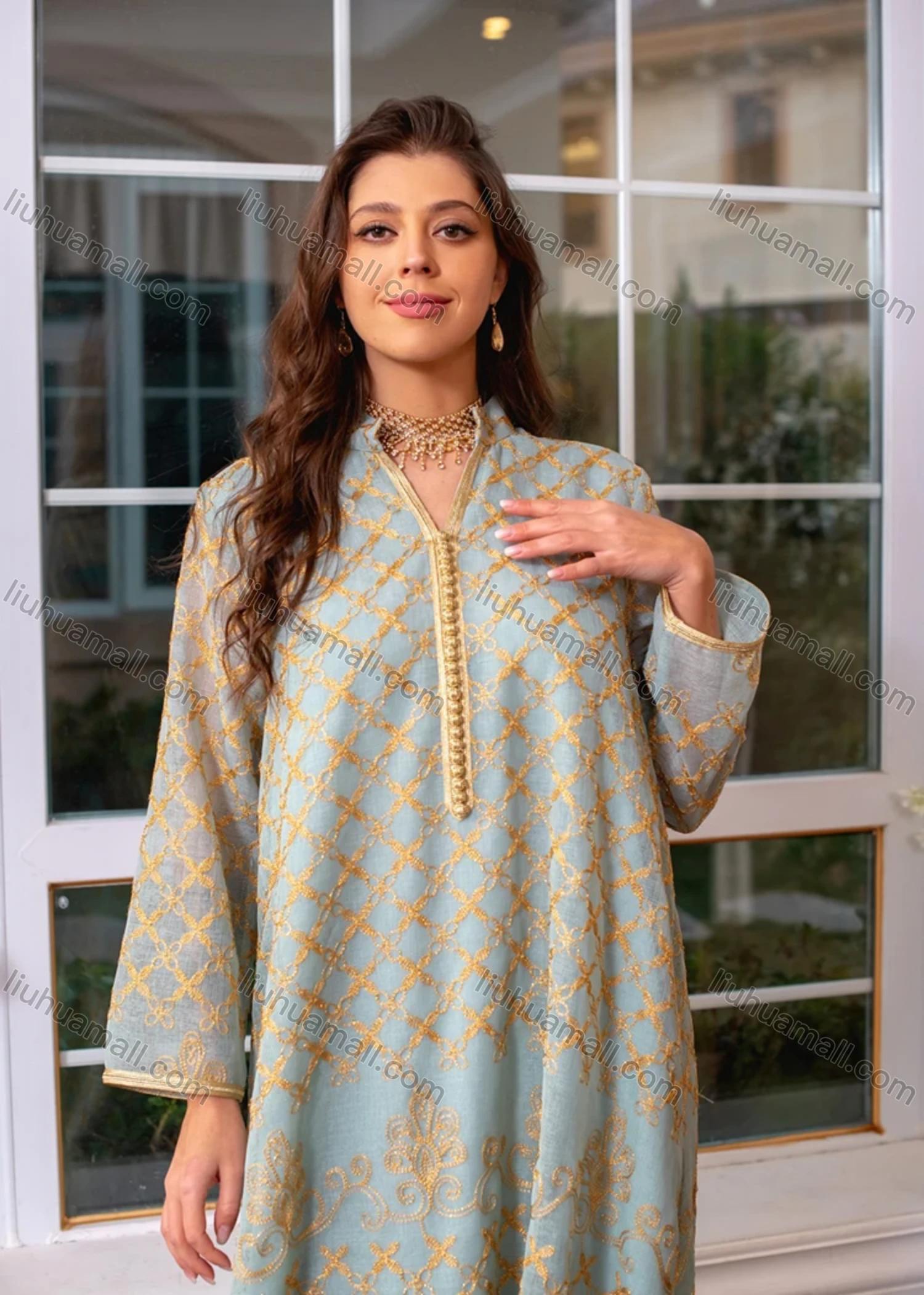 Wholesale Women's Muslim Islamic Splicing Embroidered Floral Maxi Abaya Dress With Scarf AB276# - Liuhuamall