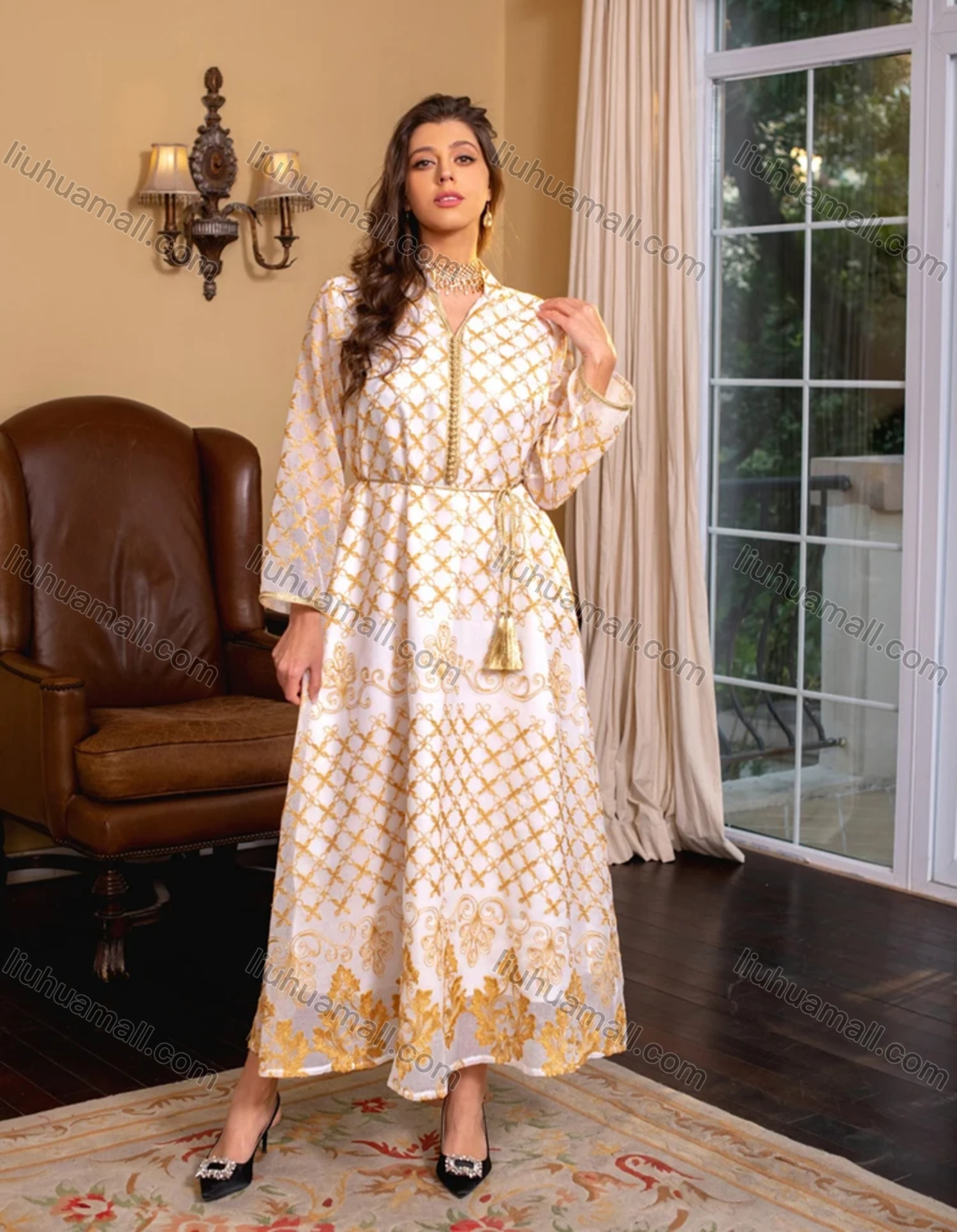 Wholesale Women's Muslim Islamic Splicing Embroidered Floral Maxi Abaya Dress With Scarf AB276# - Liuhuamall