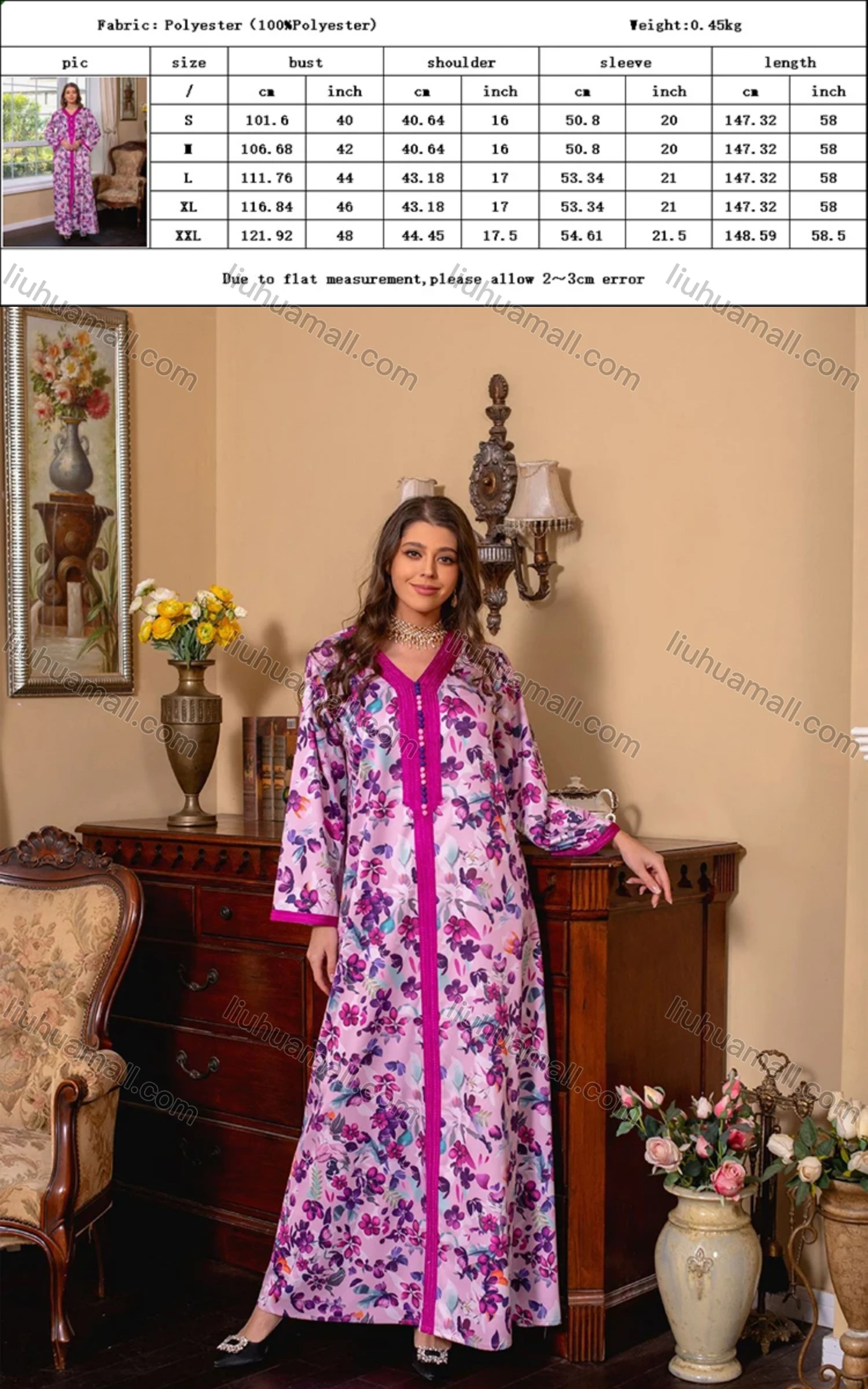 Wholesale Women's Muslim Islamic Splicing Embroidered Button Decor Allover Floral Print Maxi Abaya Dress With Scarf AB281# - Liuhuamall