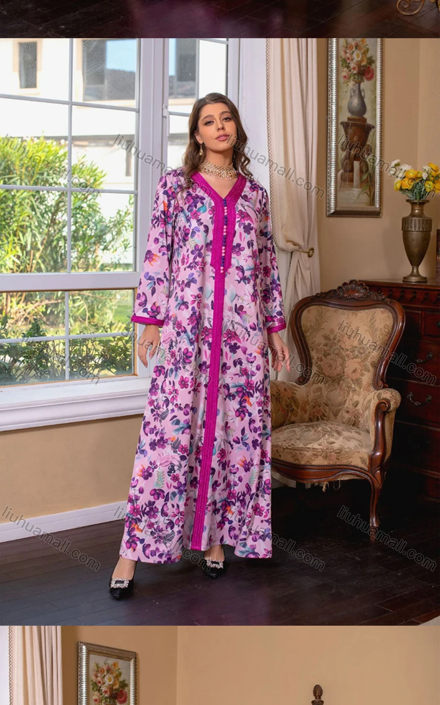 Wholesale Women's Muslim Islamic Splicing Embroidered Button Decor Allover Floral Print Maxi Abaya Dress With Scarf AB281# - Liuhuamall