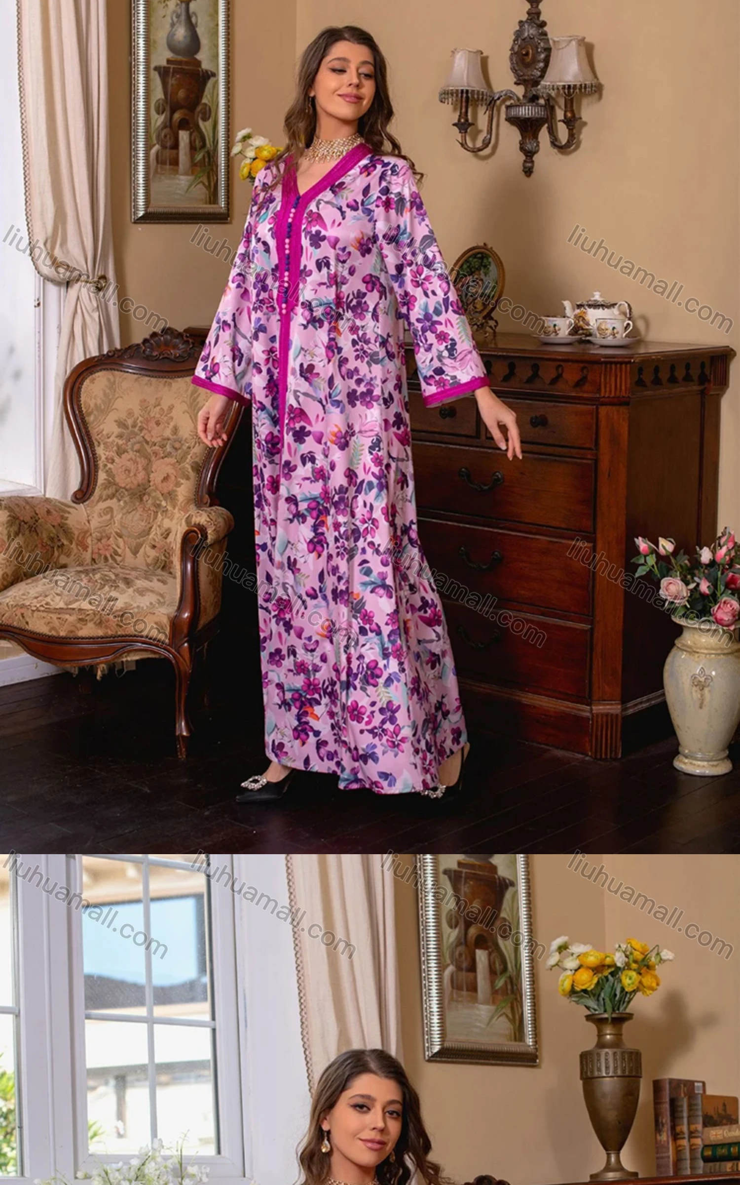 Wholesale Women's Muslim Islamic Splicing Embroidered Button Decor Allover Floral Print Maxi Abaya Dress With Scarf AB281# - Liuhuamall
