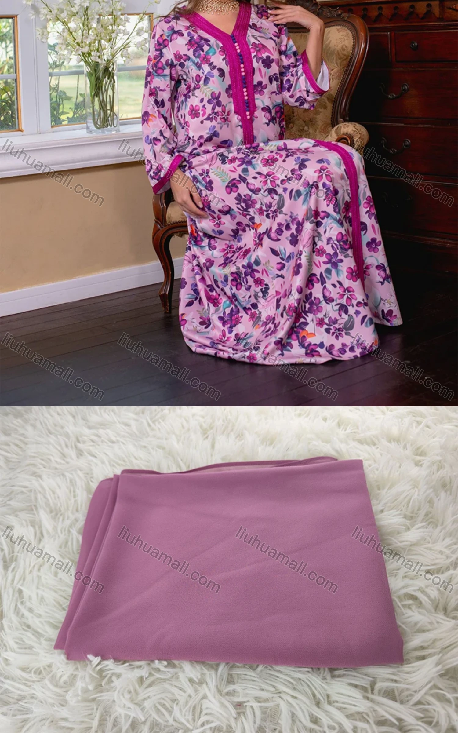 Wholesale Women's Muslim Islamic Splicing Embroidered Button Decor Allover Floral Print Maxi Abaya Dress With Scarf AB281# - Liuhuamall