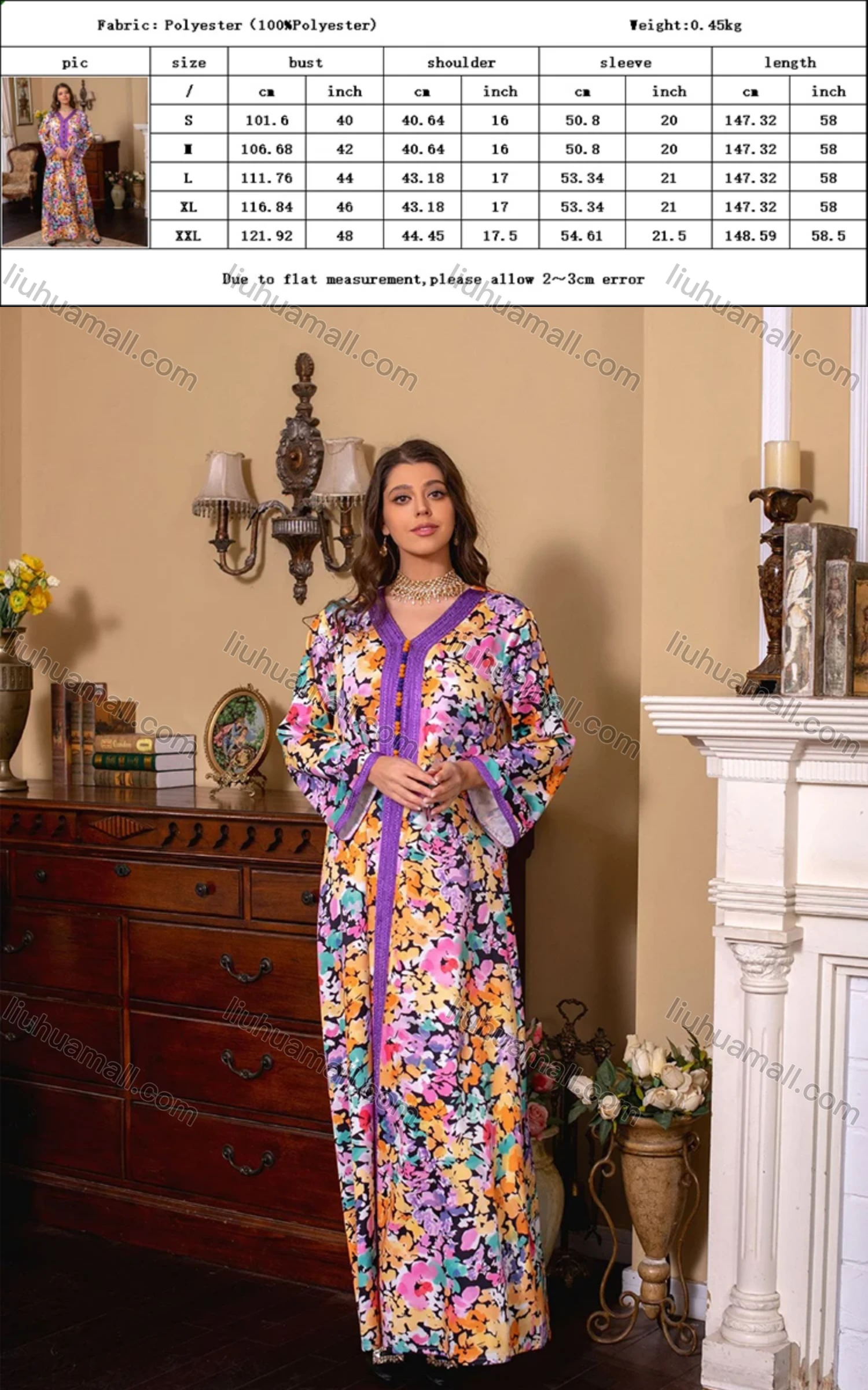 Wholesale Women's Muslim Islamic V Neck Splicing Embroidered Allover Floral Print Maxi Abaya Dress With Scarf AB282# - Liuhuamall