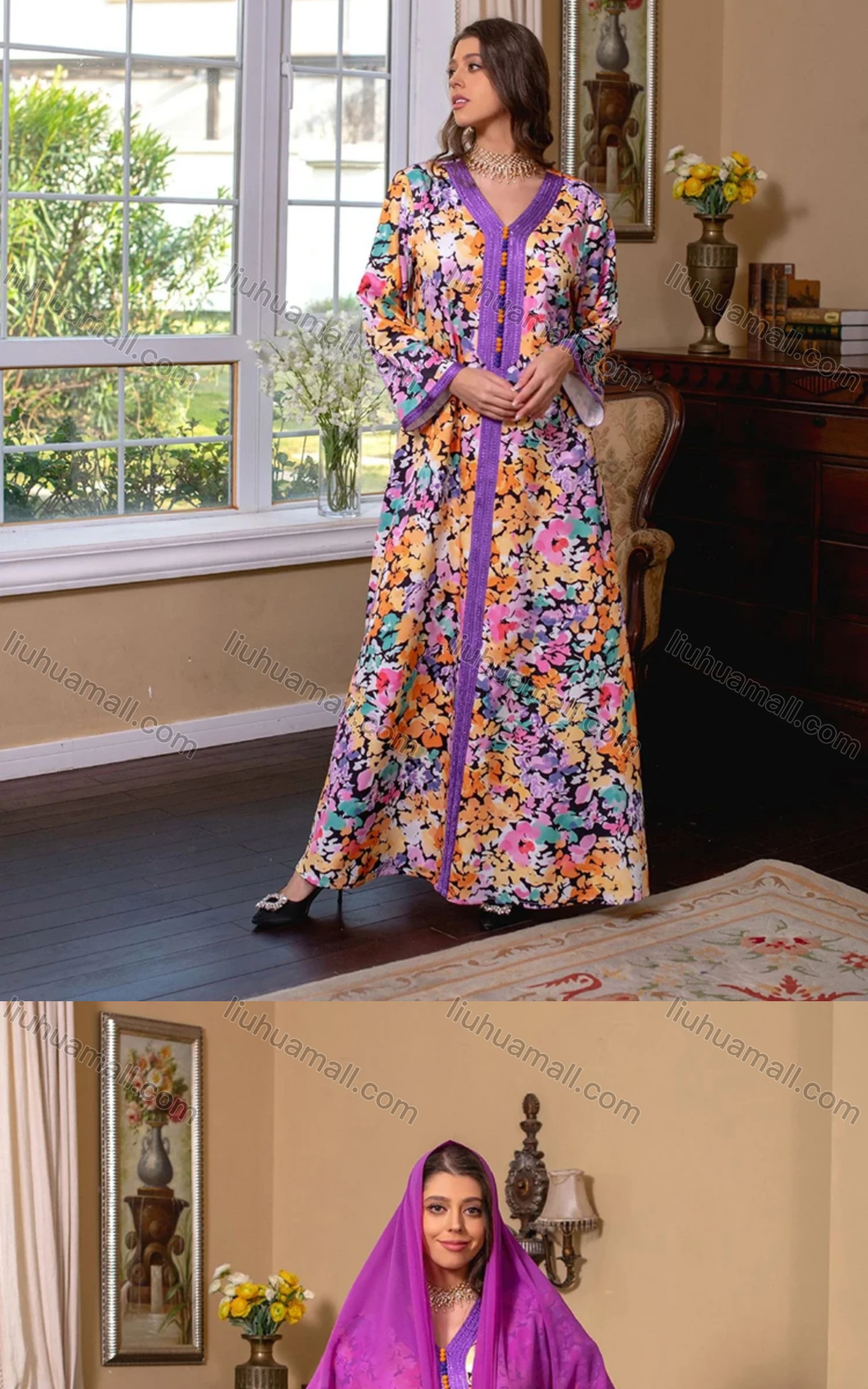 Wholesale Women's Muslim Islamic V Neck Splicing Embroidered Allover Floral Print Maxi Abaya Dress With Scarf AB282# - Liuhuamall