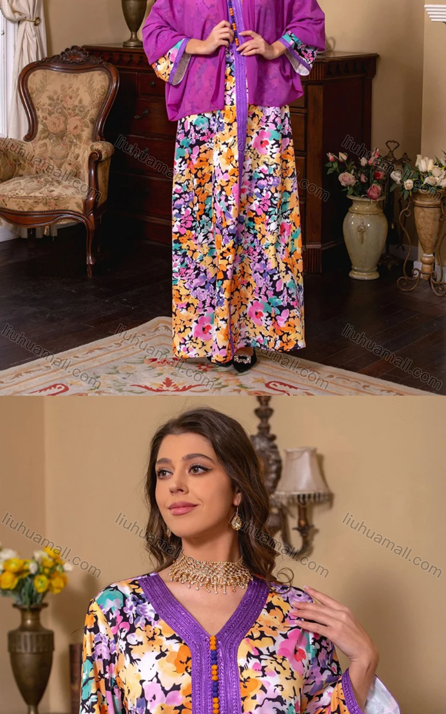 Wholesale Women's Muslim Islamic V Neck Splicing Embroidered Allover Floral Print Maxi Abaya Dress With Scarf AB282# - Liuhuamall