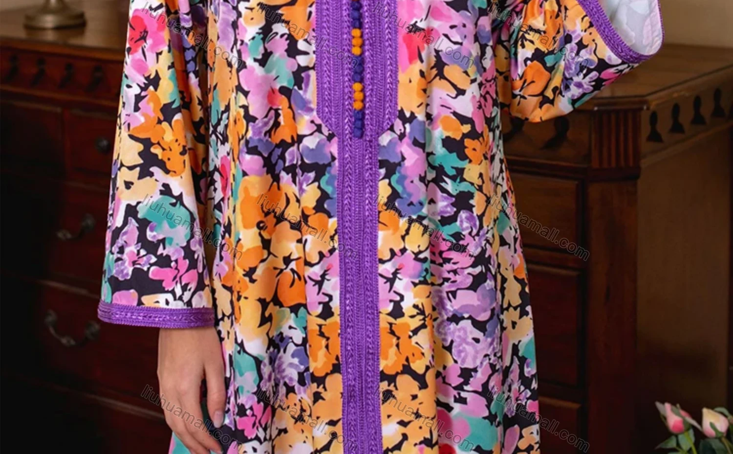 Wholesale Women's Muslim Islamic V Neck Splicing Embroidered Allover Floral Print Maxi Abaya Dress With Scarf AB282# - Liuhuamall