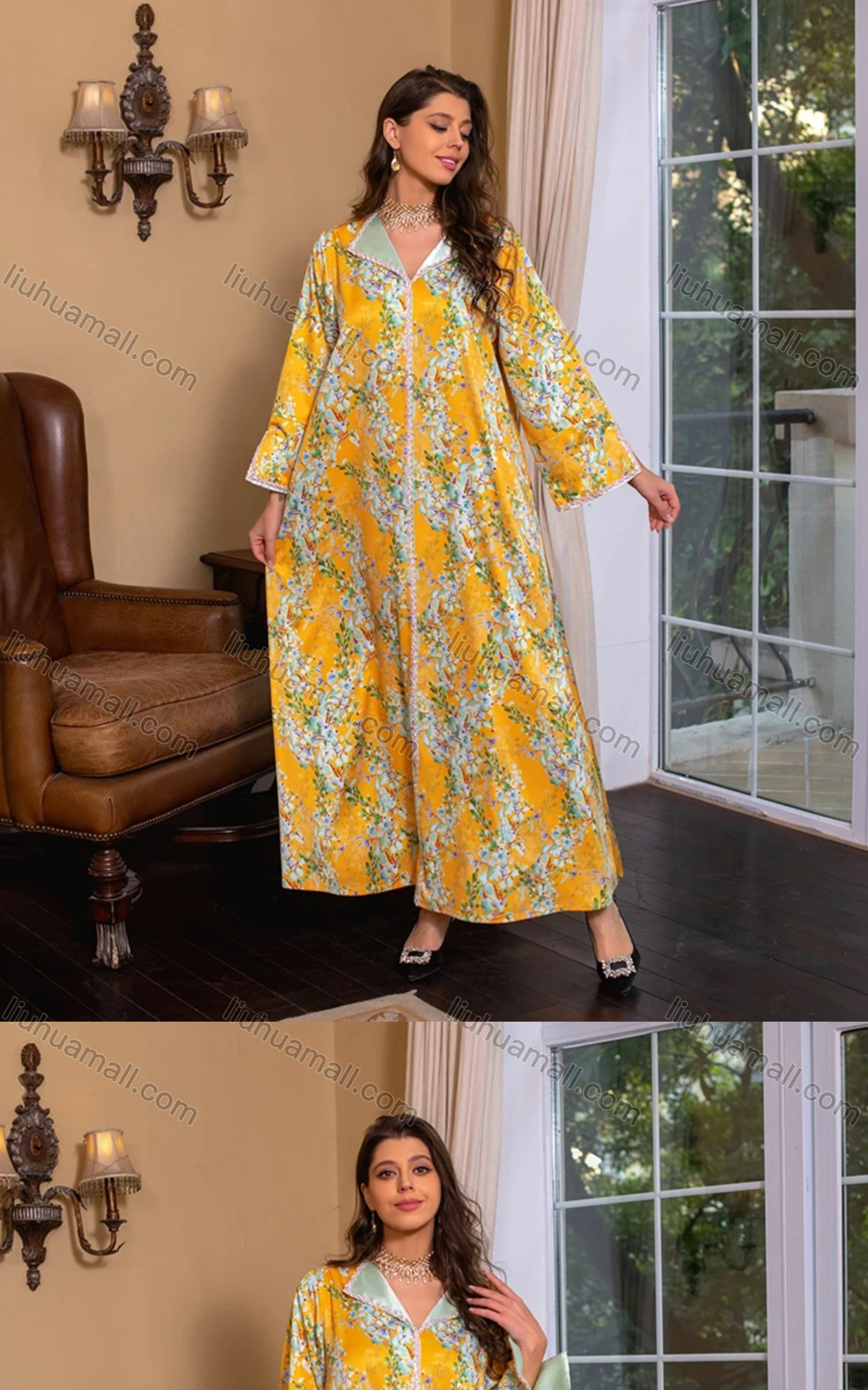 Wholesale Women's Muslim Islamic Lapel Embroidered Allover Floral Print Maxi Dress AB284# - Liuhuamall