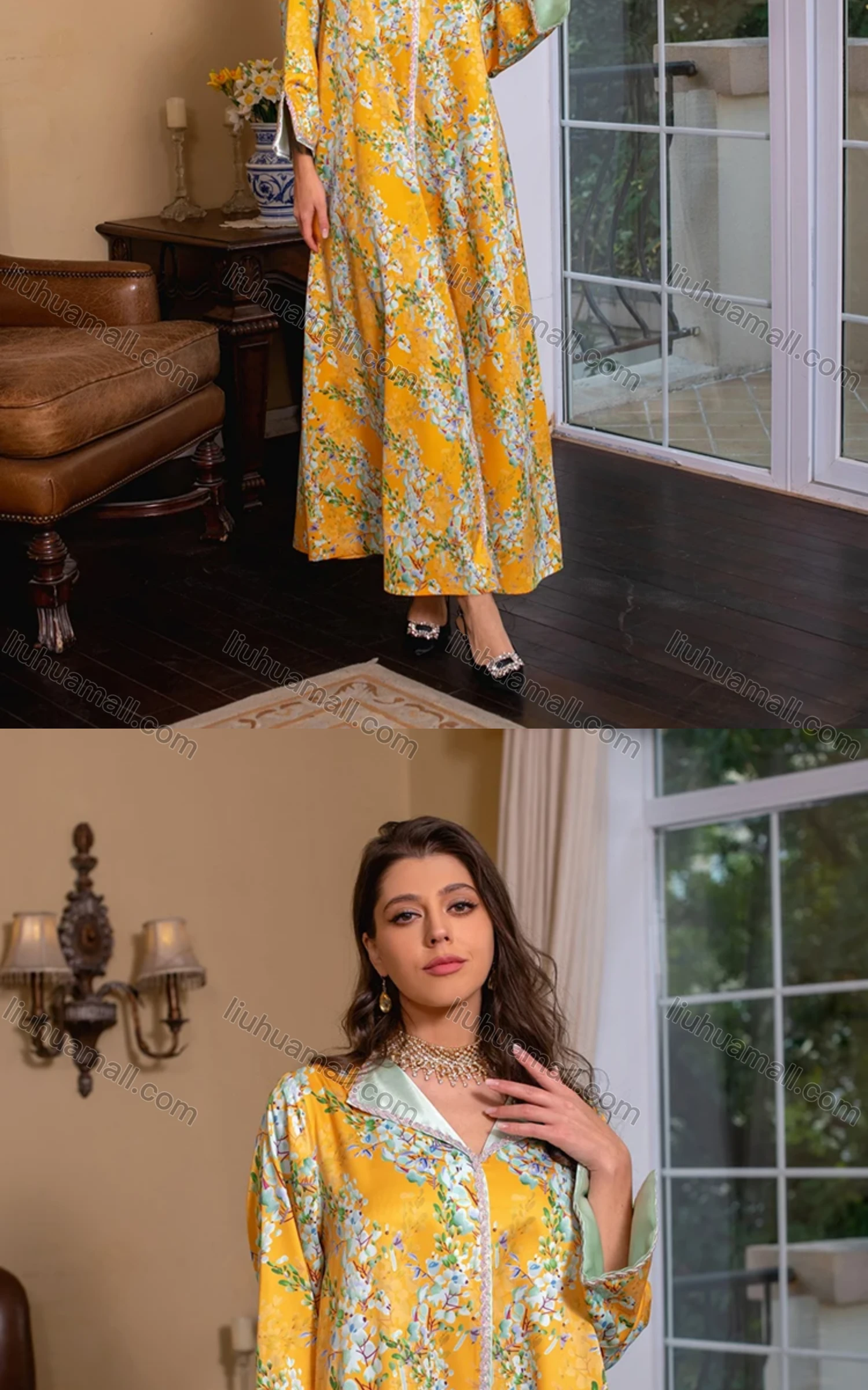 Wholesale Women's Muslim Islamic Lapel Embroidered Allover Floral Print Maxi Dress AB284# - Liuhuamall