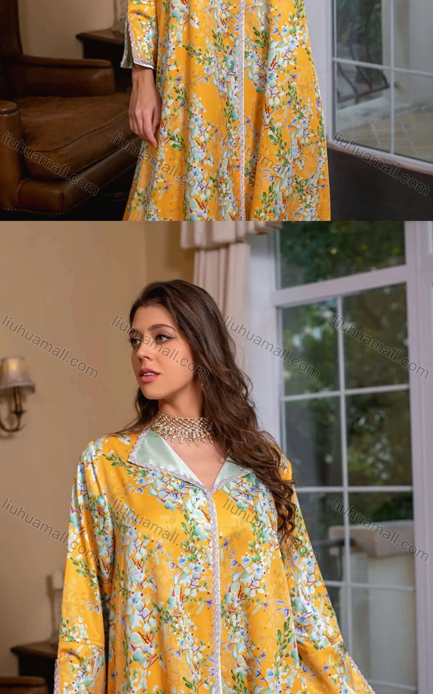 Wholesale Women's Muslim Islamic Lapel Embroidered Allover Floral Print Maxi Dress AB284# - Liuhuamall