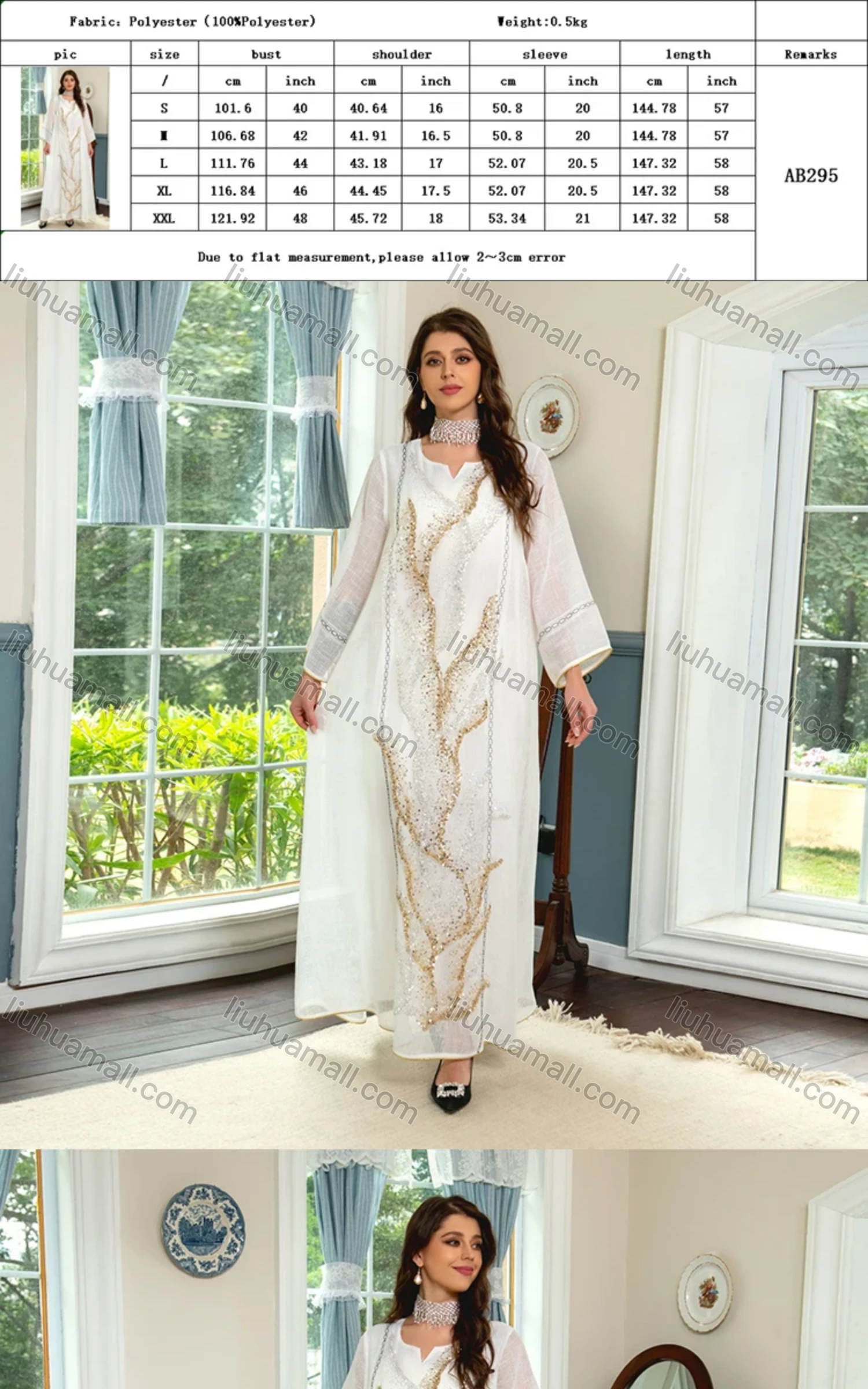 Wholesale Women's Elegant Muslim Islamic Abstract Notched Neck Sequin Maxi Abaya Dress AB295# - Liuhuamall
