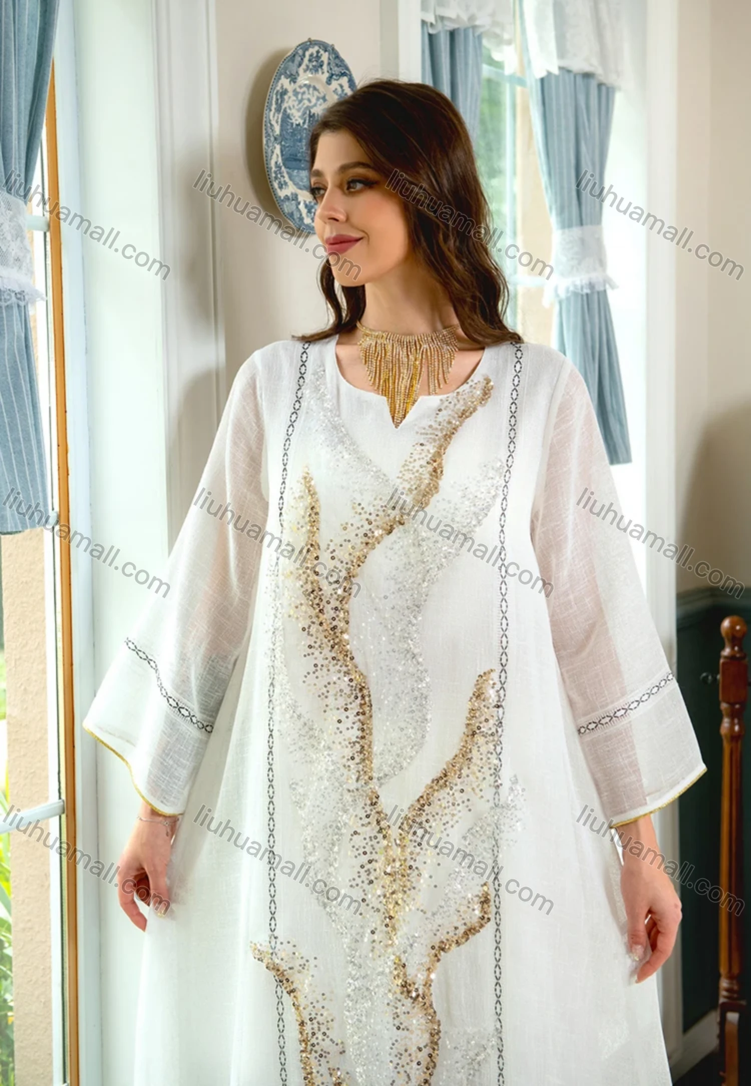 Wholesale Women's Elegant Muslim Islamic Abstract Notched Neck Sequin Maxi Abaya Dress AB295# - Liuhuamall