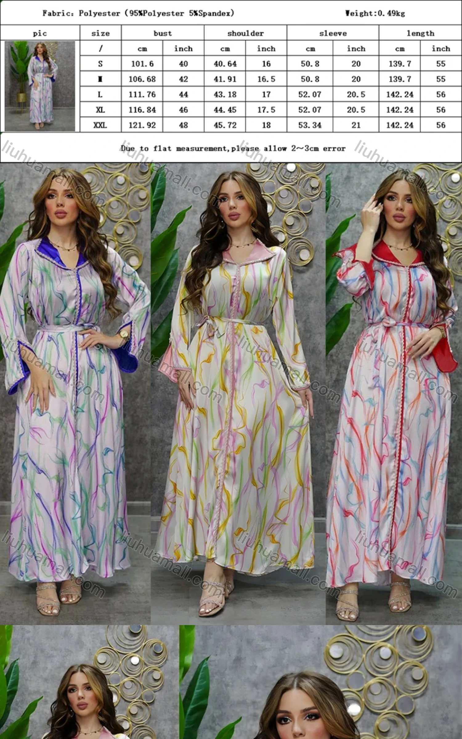 Wholesale Women's Muslim Islamic Lapel Abstract Embroidered Long Sleeve Maxi Dress With Belt AB296# - Liuhuamall
