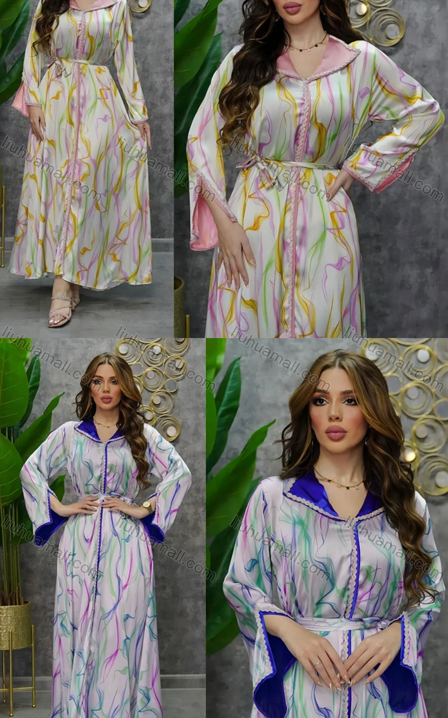 Wholesale Women's Muslim Islamic Lapel Abstract Embroidered Long Sleeve Maxi Dress With Belt AB296# - Liuhuamall