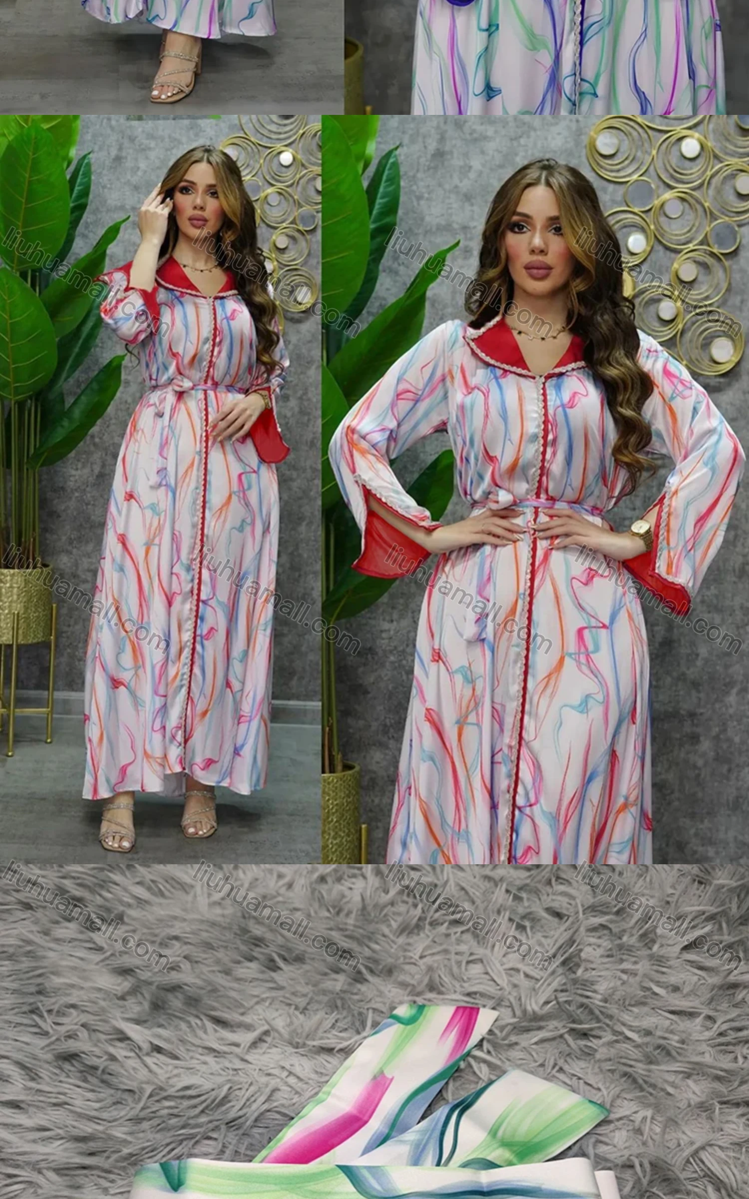 Wholesale Women's Muslim Islamic Lapel Abstract Embroidered Long Sleeve Maxi Dress With Belt AB296# - Liuhuamall