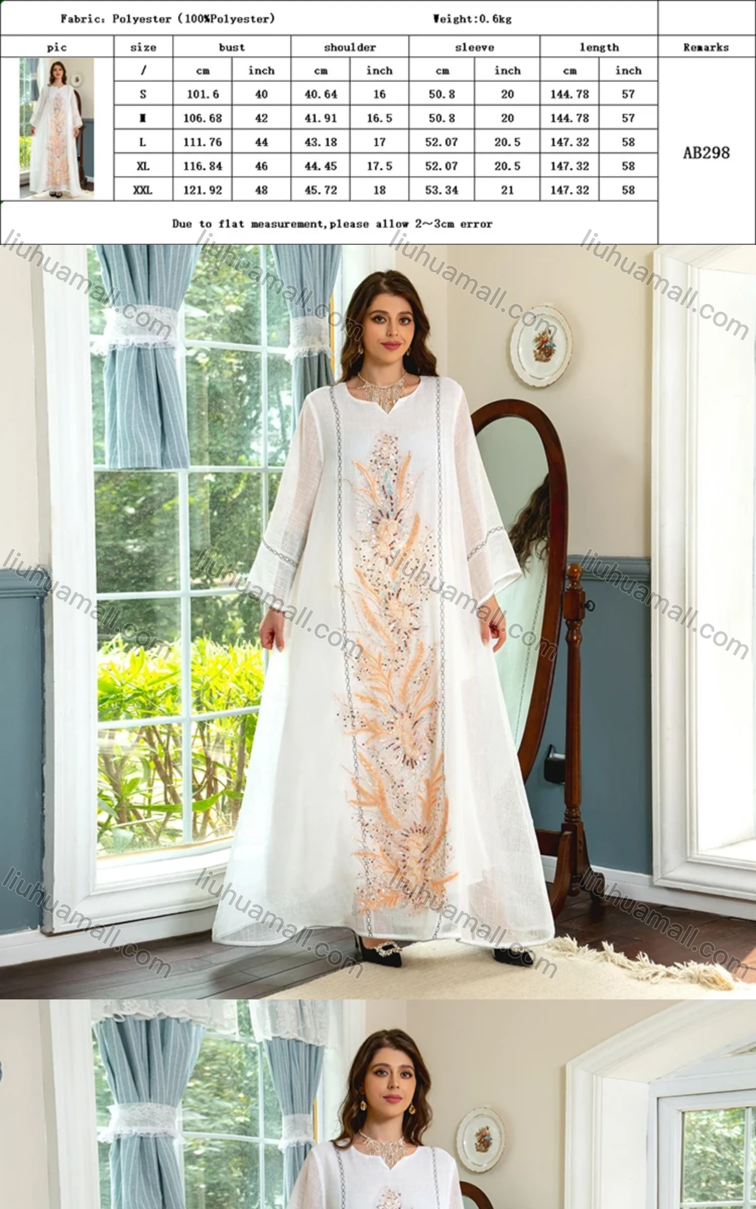 Wholesale Women's Elegant Muslim Islamic Floral Embroidered Sequin Long Sleeve Maxi Dress AB298# - Liuhuamall