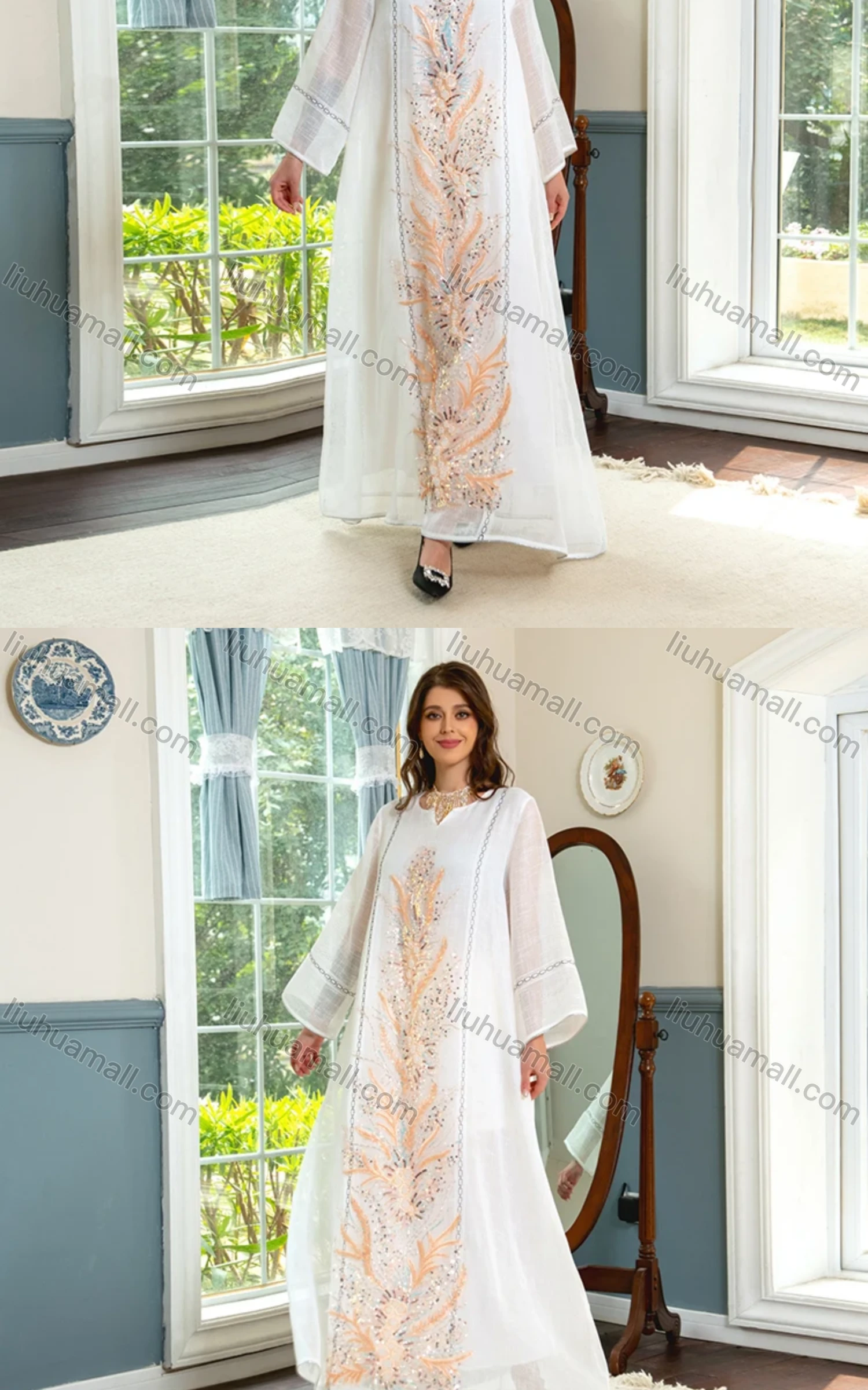 Wholesale Women's Elegant Muslim Islamic Floral Embroidered Sequin Long Sleeve Maxi Dress AB298# - Liuhuamall