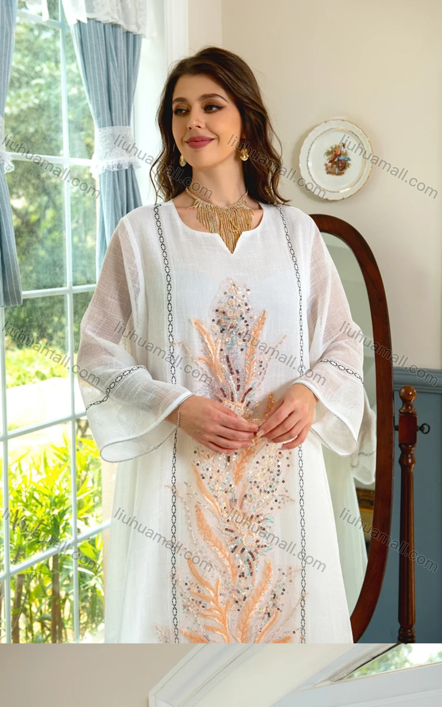 Wholesale Women's Elegant Muslim Islamic Floral Embroidered Sequin Long Sleeve Maxi Dress AB298# - Liuhuamall