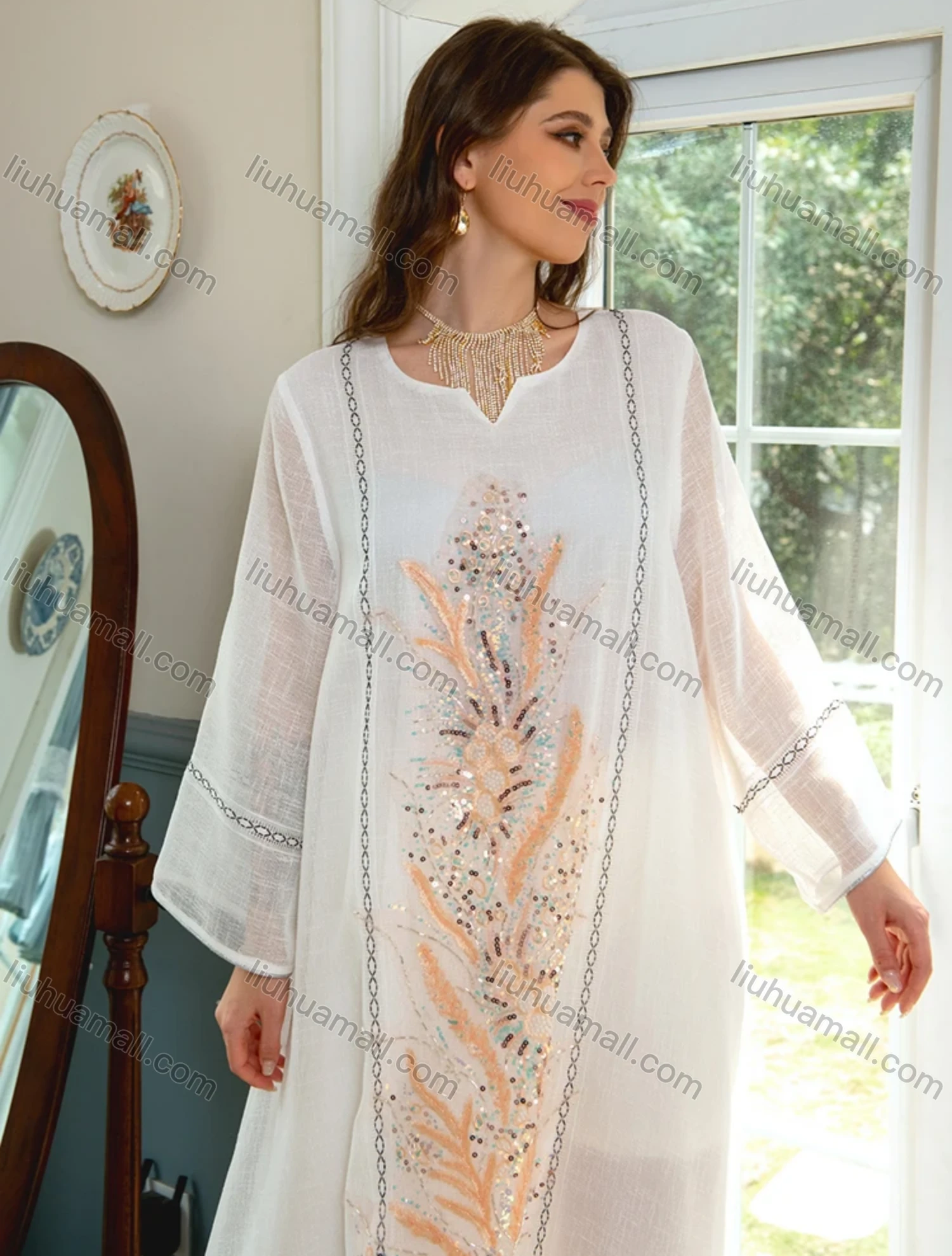 Wholesale Women's Elegant Muslim Islamic Floral Embroidered Sequin Long Sleeve Maxi Dress AB298# - Liuhuamall