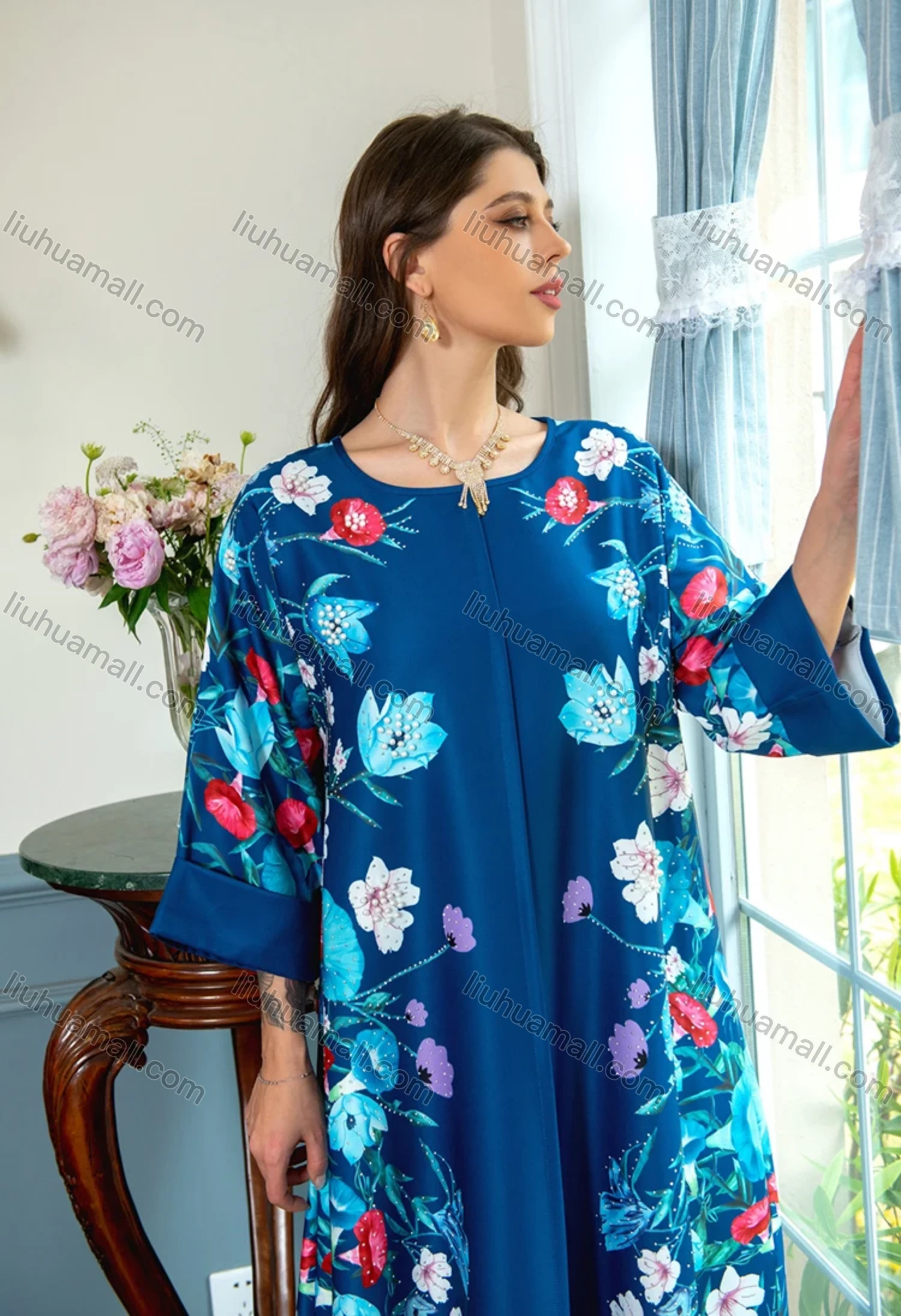 Wholesale Women's Elegant Muslim Islamic Floral Print Pearl Decor Rhinestone Maxi Abaya Dress AB301# - Liuhuamall