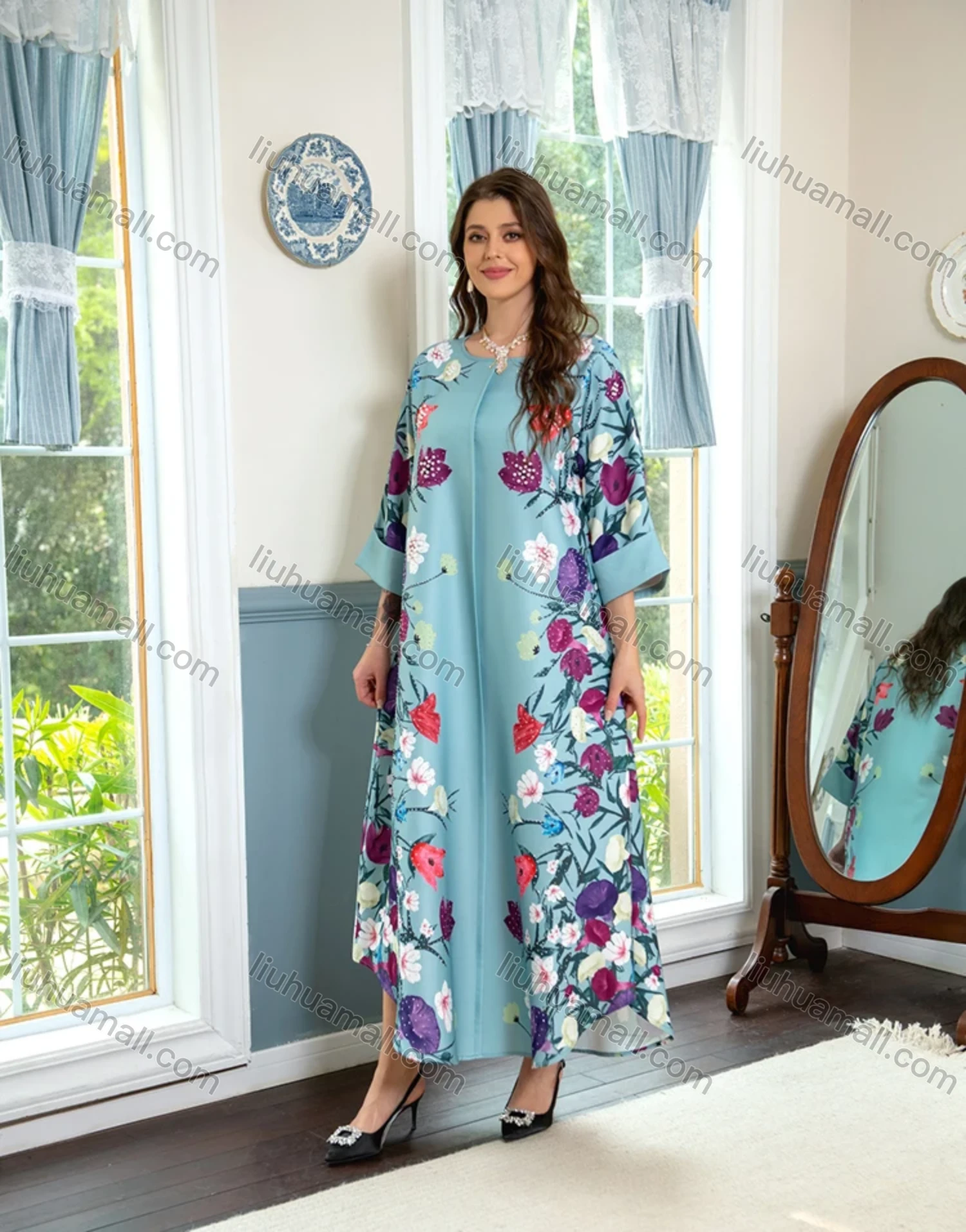 Wholesale Women's Elegant Muslim Islamic Floral Print Pearl Decor Rhinestone Maxi Abaya Dress AB301# - Liuhuamall