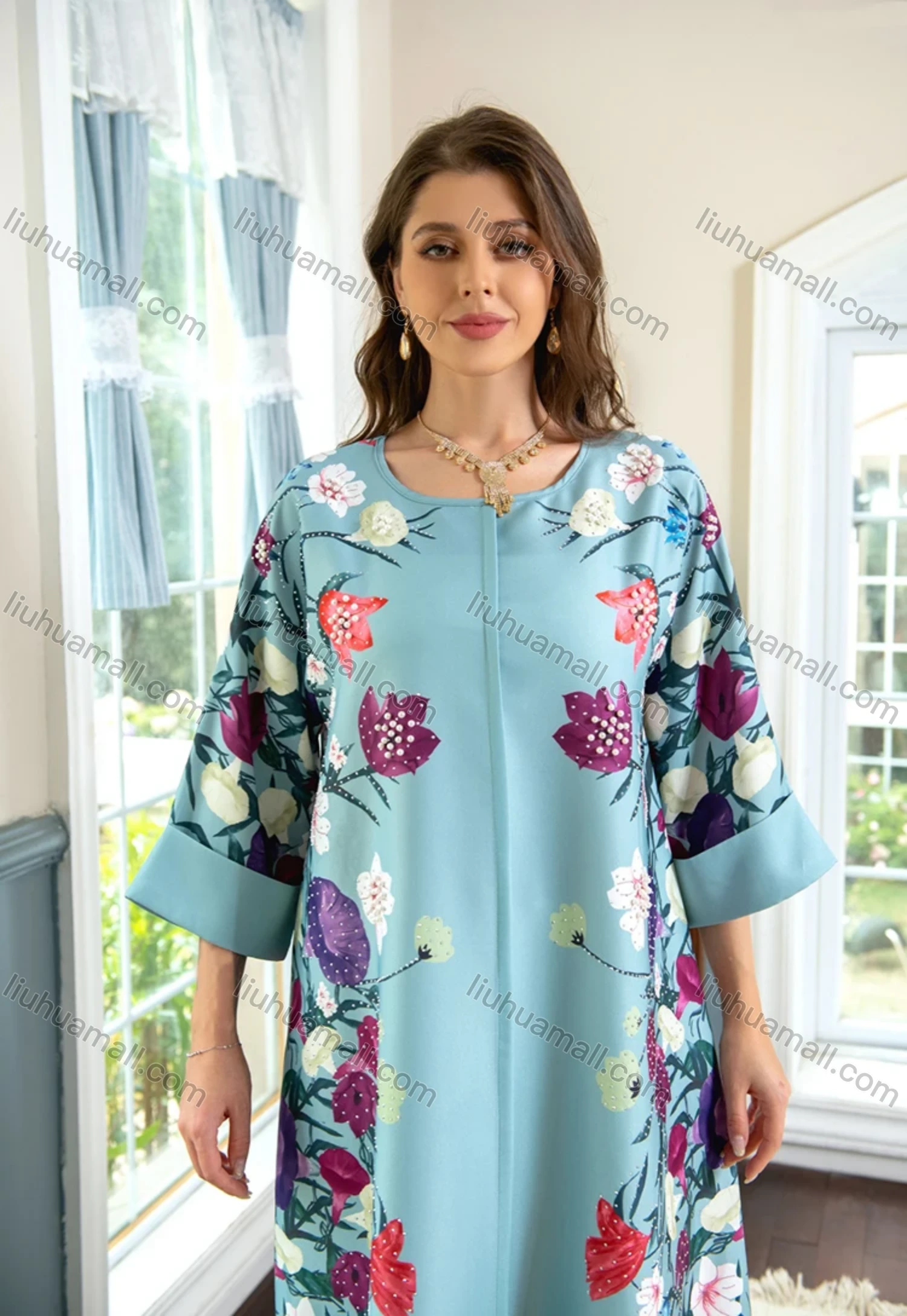 Wholesale Women's Elegant Muslim Islamic Floral Print Pearl Decor Rhinestone Maxi Abaya Dress AB301# - Liuhuamall