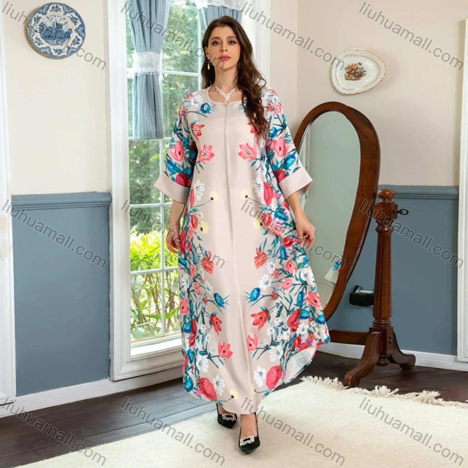 Wholesale Women's Elegant Muslim Islamic Floral Print Pearl Decor Rhinestone Maxi Abaya Dress AB301# - Liuhuamall