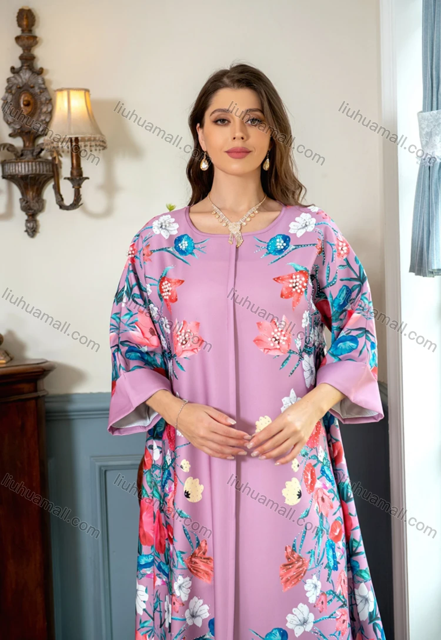 Wholesale Women's Elegant Muslim Islamic Floral Print Pearl Decor Rhinestone Maxi Abaya Dress AB301# - Liuhuamall