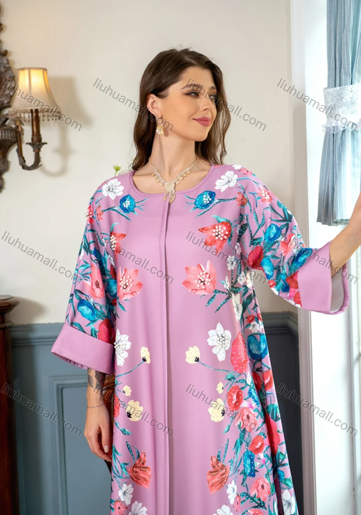 Wholesale Women's Elegant Muslim Islamic Floral Print Pearl Decor Rhinestone Maxi Abaya Dress AB301# - Liuhuamall