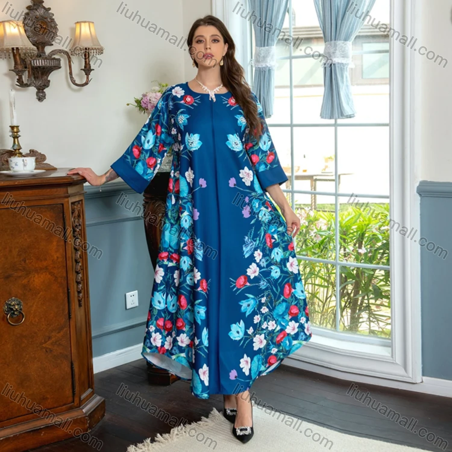 Wholesale Women's Elegant Muslim Islamic Floral Print Pearl Decor Rhinestone Maxi Abaya Dress AB301# - Liuhuamall