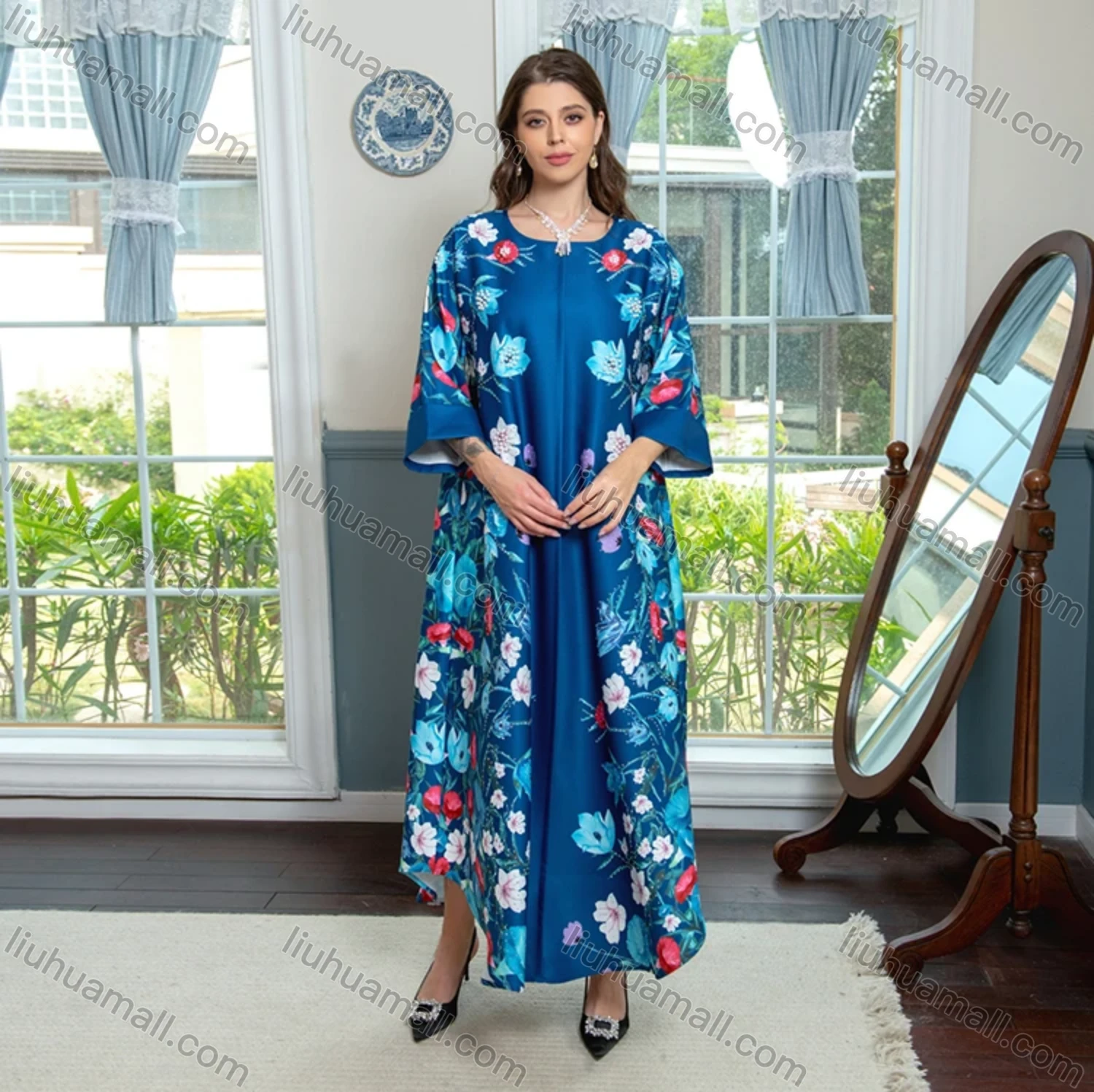 Wholesale Women's Elegant Muslim Islamic Floral Print Pearl Decor Rhinestone Maxi Abaya Dress AB301# - Liuhuamall