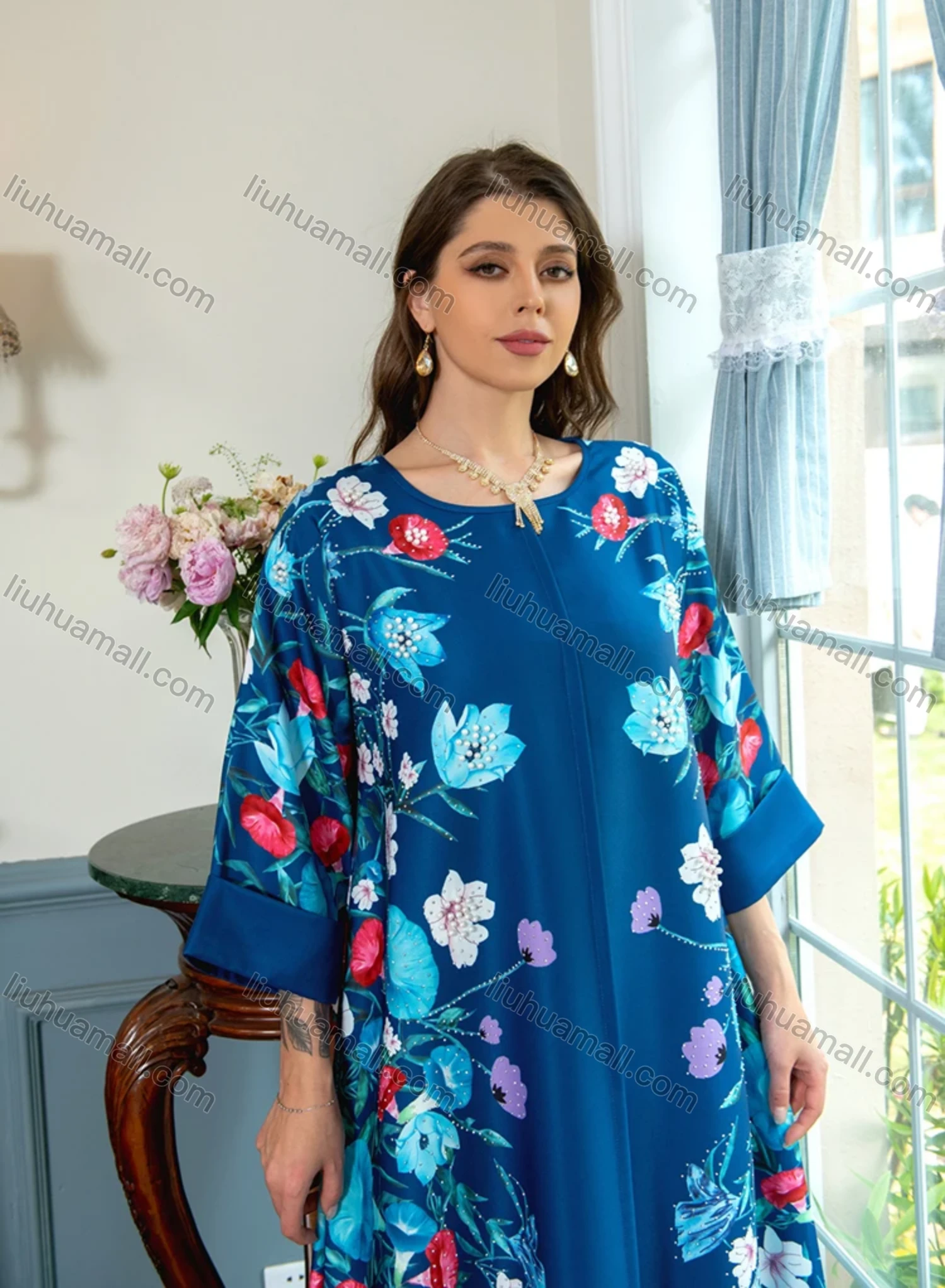 Wholesale Women's Elegant Muslim Islamic Floral Print Pearl Decor Rhinestone Maxi Abaya Dress AB301# - Liuhuamall