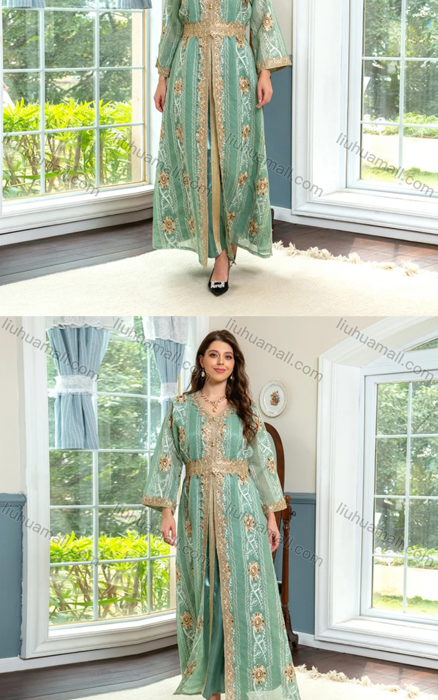 Wholesale Women's Embroidery Arabic Dubai Muslim Islamic Robe Cardigan & Dress 2-piece Set AB311# - Liuhuamall