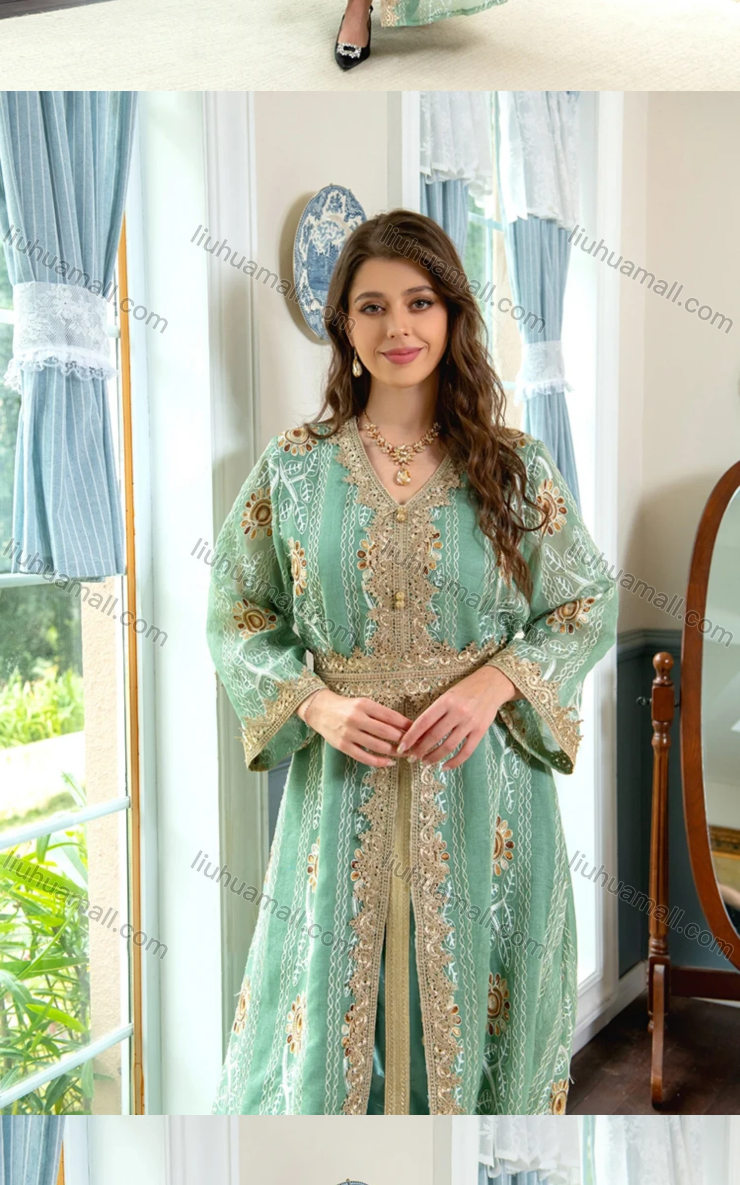 Wholesale Women's Embroidery Arabic Dubai Muslim Islamic Robe Cardigan & Dress 2-piece Set AB311# - Liuhuamall