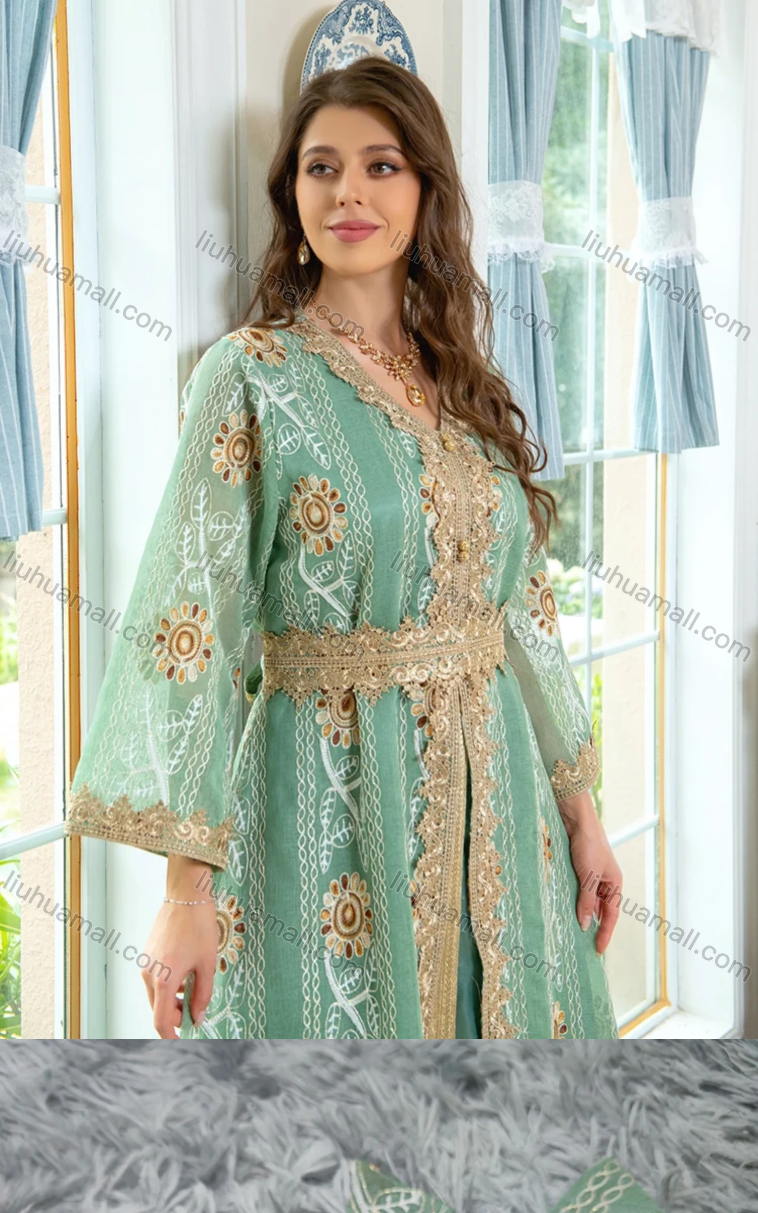 Wholesale Women's Embroidery Arabic Dubai Muslim Islamic Robe Cardigan & Dress 2-piece Set AB311# - Liuhuamall