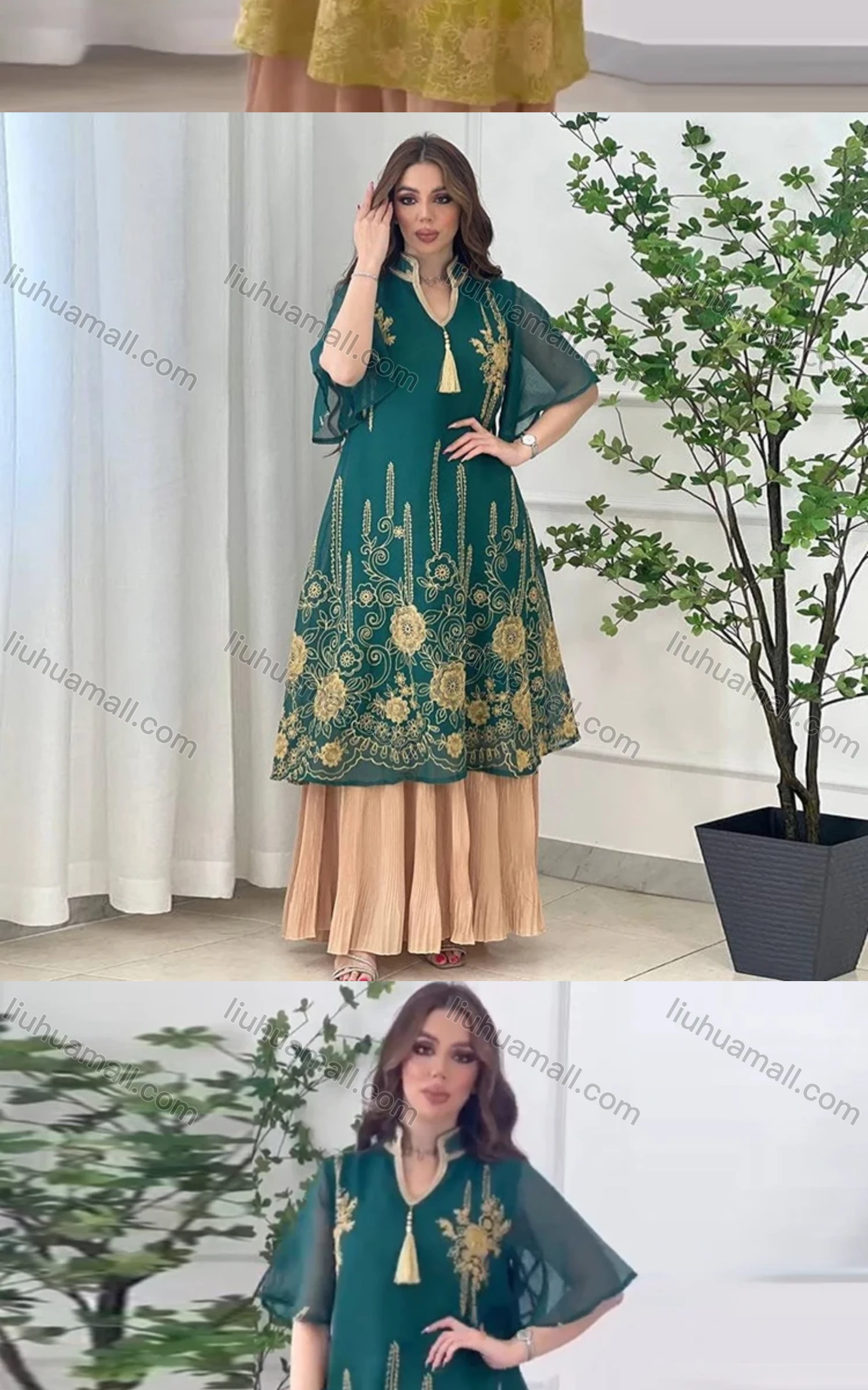 Wholesale Women's Arabic Muslim Islamic Lace Sleeve Layered Embroidery Maxi Dress AB313# - Liuhuamall