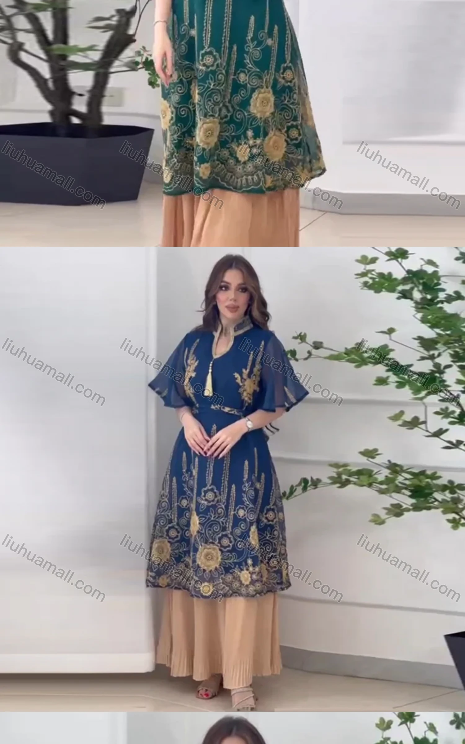 Wholesale Women's Arabic Muslim Islamic Lace Sleeve Layered Embroidery Maxi Dress AB313# - Liuhuamall