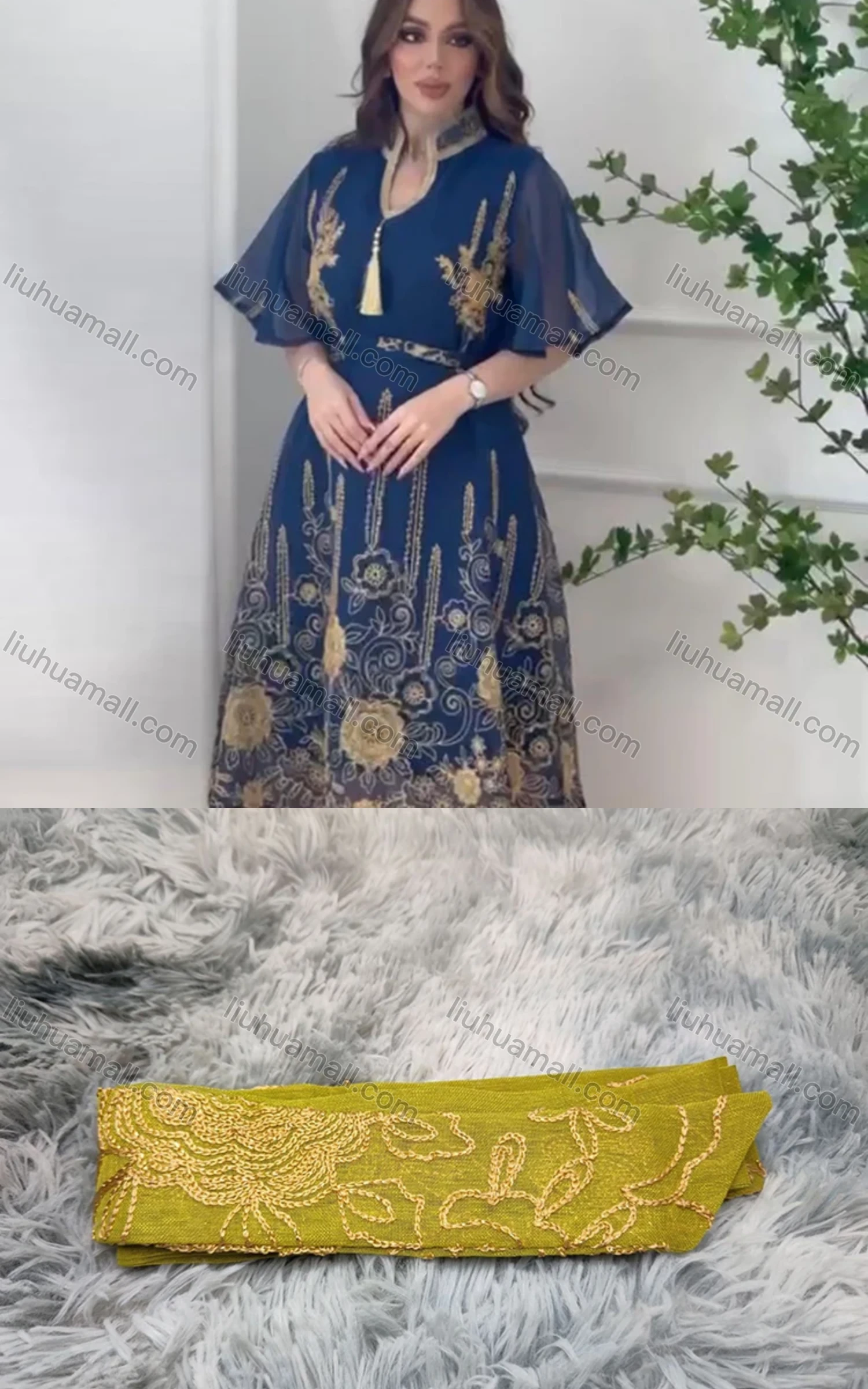 Wholesale Women's Arabic Muslim Islamic Lace Sleeve Layered Embroidery Maxi Dress AB313# - Liuhuamall