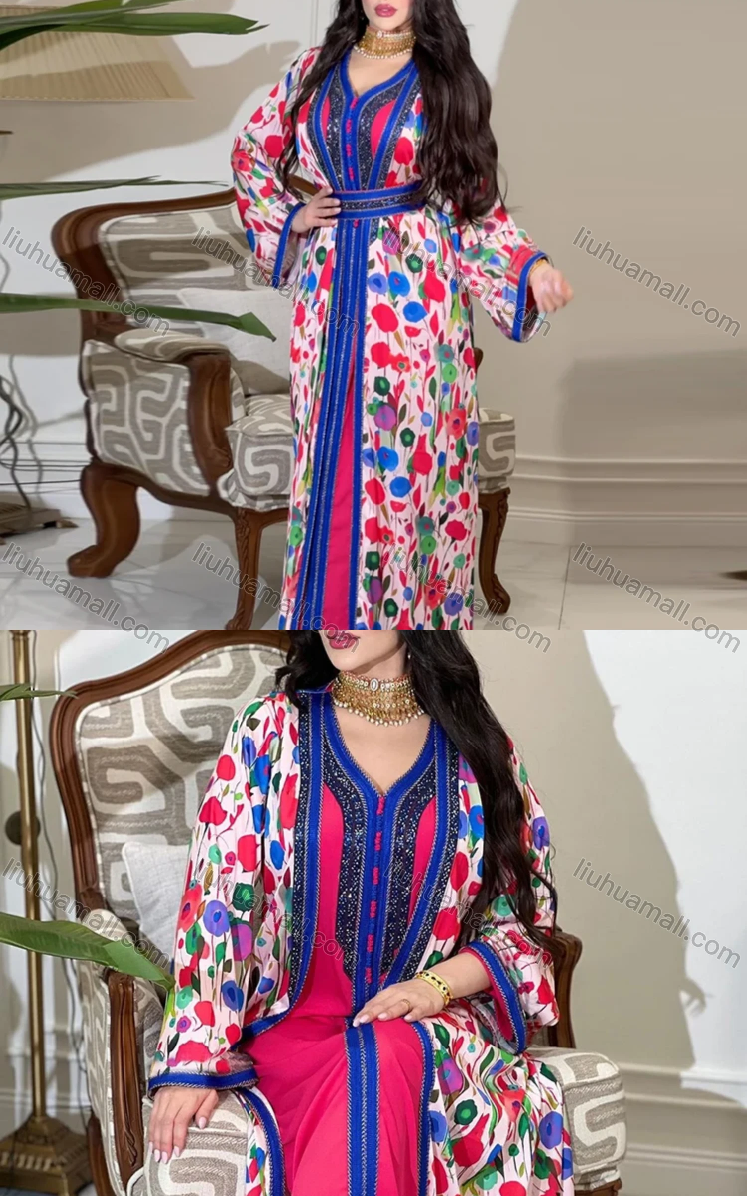 Wholesale Women's Arabic Muslim Islamic Dubai Long Sleeve Embroidered Robe Cardigan & Dress 2-piece AB314# - Liuhuamall