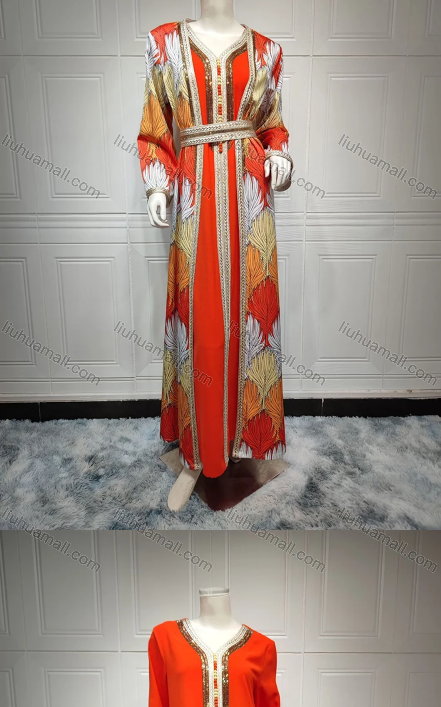 Wholesale Women's Arabic Muslim Islamic Long Sleeve Dubai Embroidery Robe Cardigan & Dress 2-piece Set AB315# - Liuhuamall