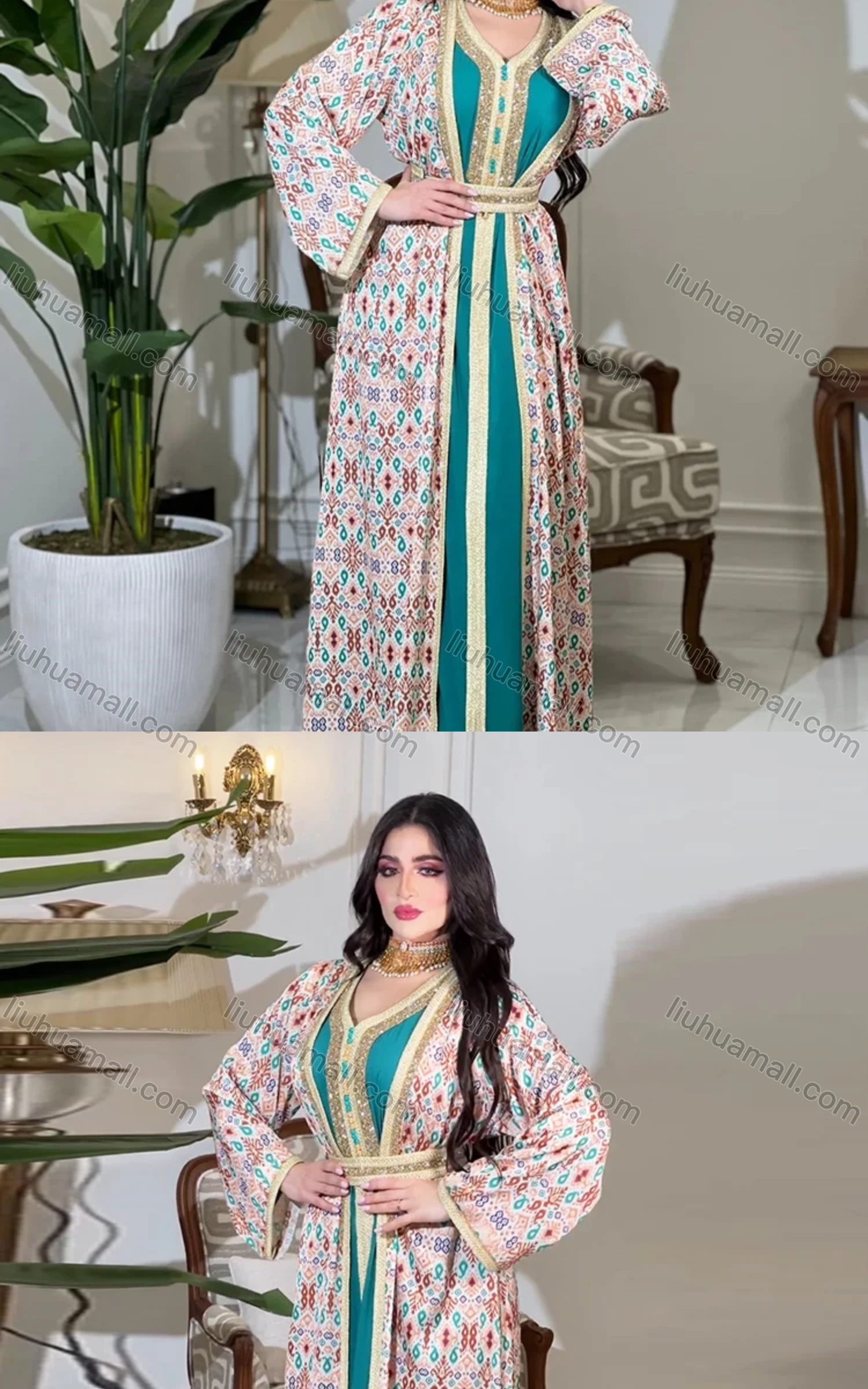 Wholesale Women's Arabic Muslim Islamic Long Sleeve Embroidery Dubai Robe Cardigan & Dress 2-piece Set AB316# - Liuhuamall