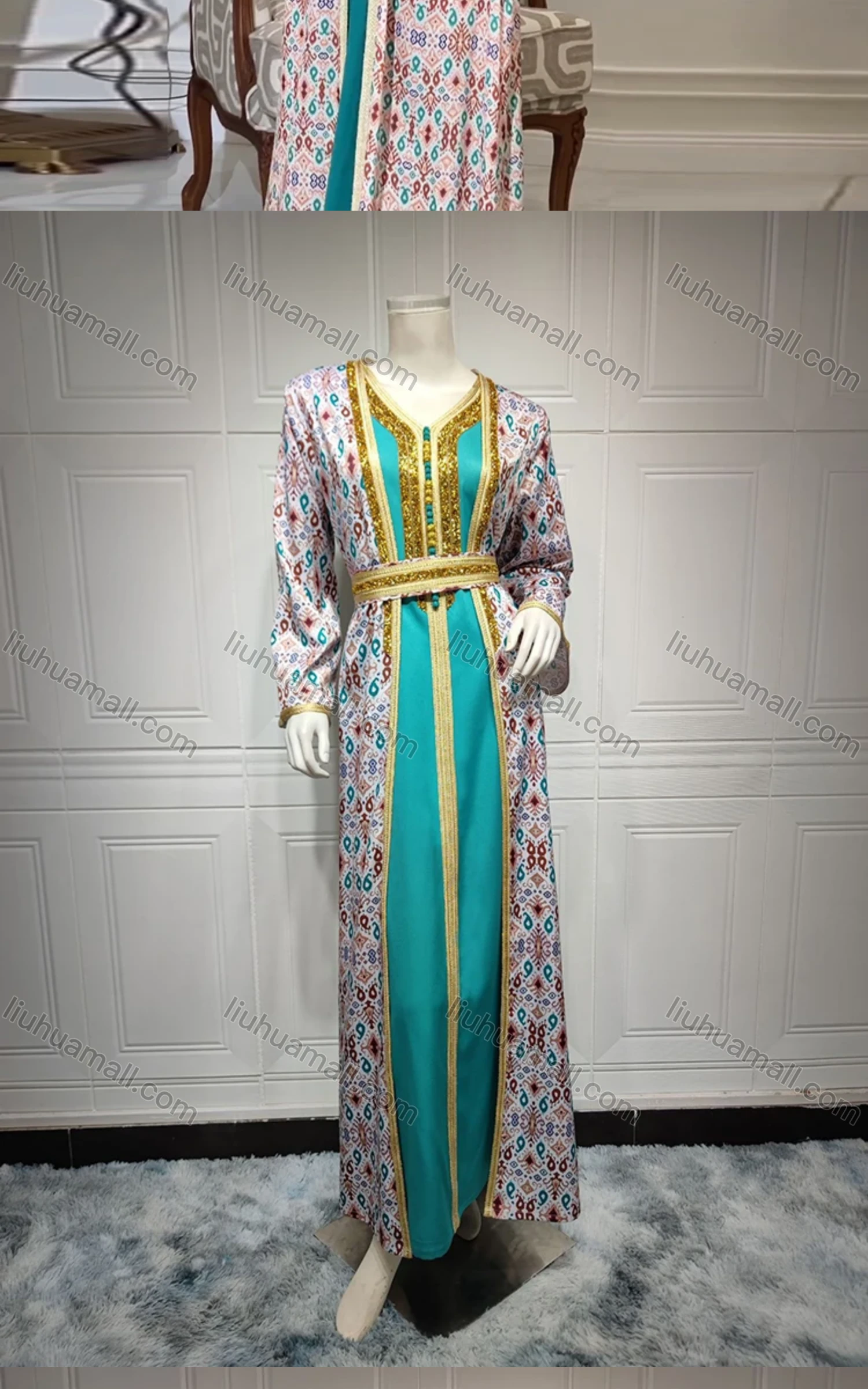 Wholesale Women's Arabic Muslim Islamic Long Sleeve Embroidery Dubai Robe Cardigan & Dress 2-piece Set AB316# - Liuhuamall