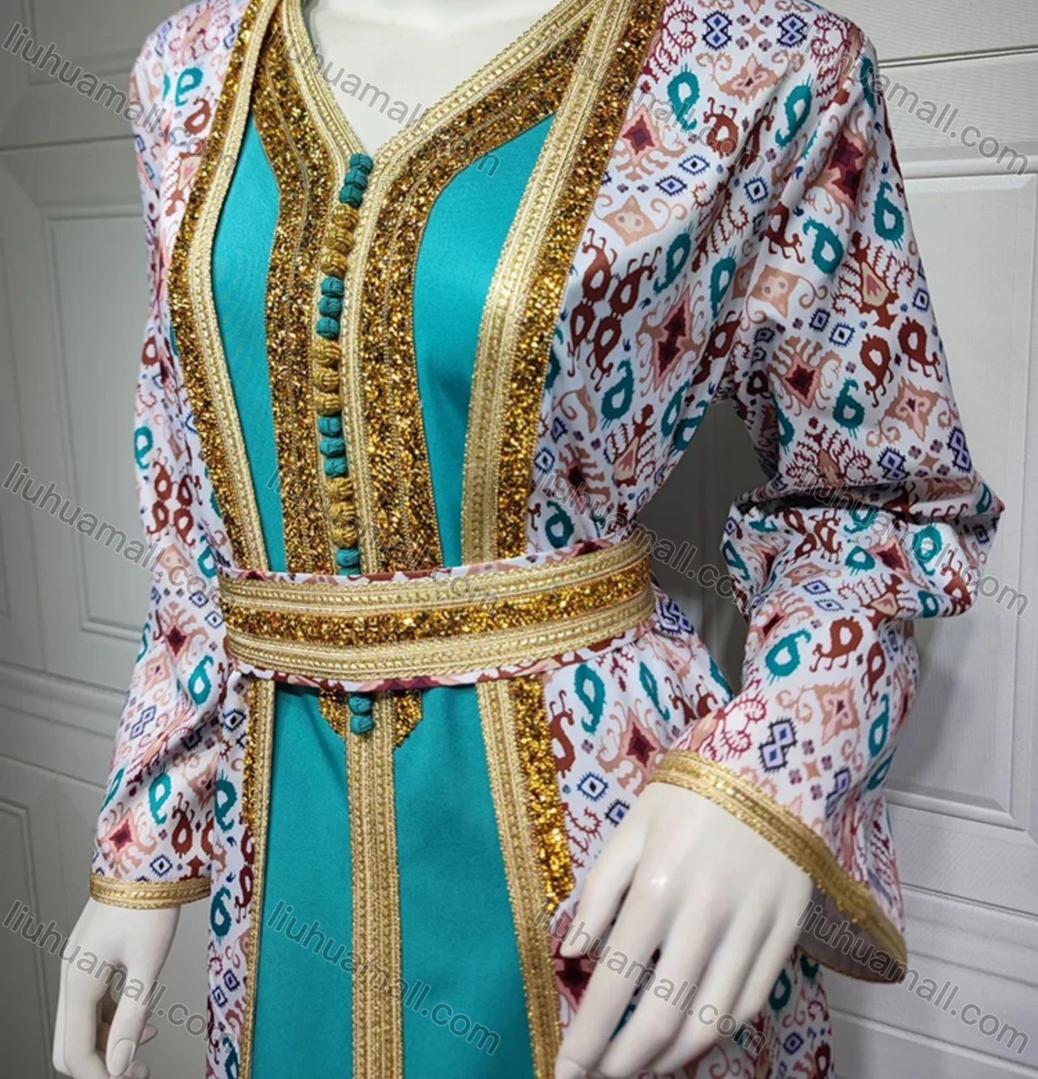 Wholesale Women's Arabic Muslim Islamic Long Sleeve Embroidery Dubai Robe Cardigan & Dress 2-piece Set AB316# - Liuhuamall