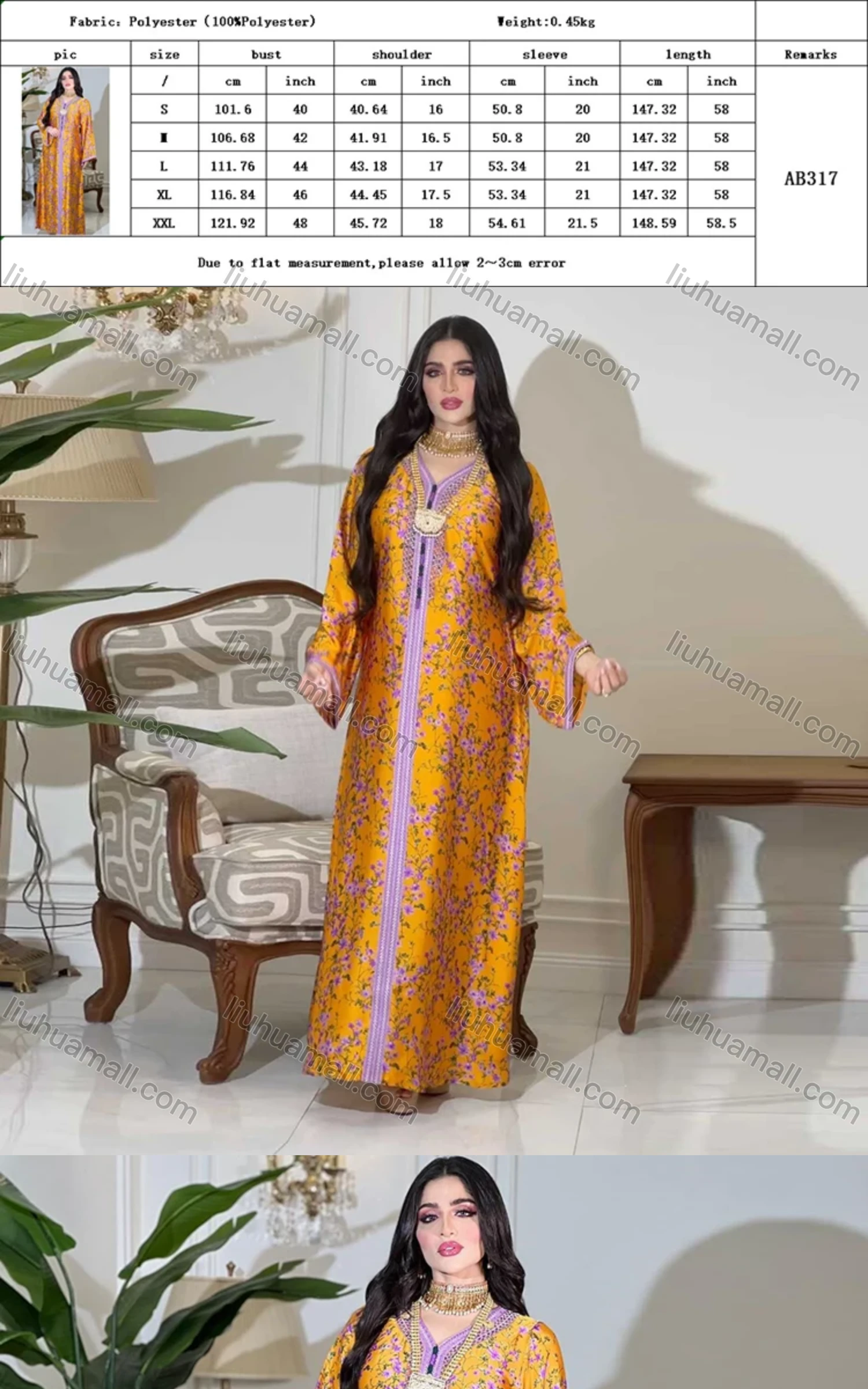 Wholesale Women's Muslim Islamic Vintage Long Sleeve Ditsy Floral Splicing Embroidered Abaya Dress AB317# - Liuhuamall