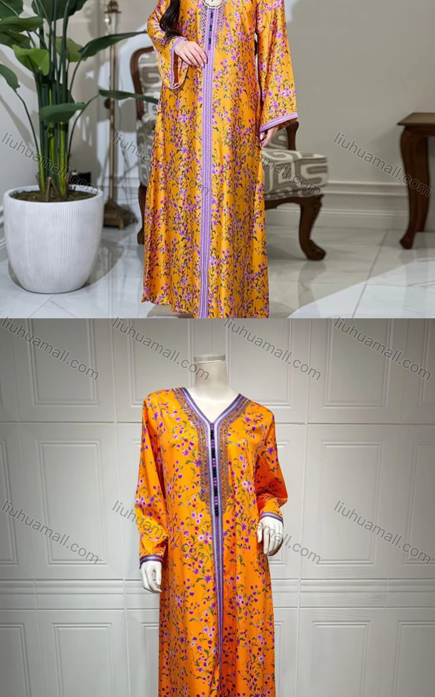 Wholesale Women's Muslim Islamic Vintage Long Sleeve Ditsy Floral Splicing Embroidered Abaya Dress AB317# - Liuhuamall