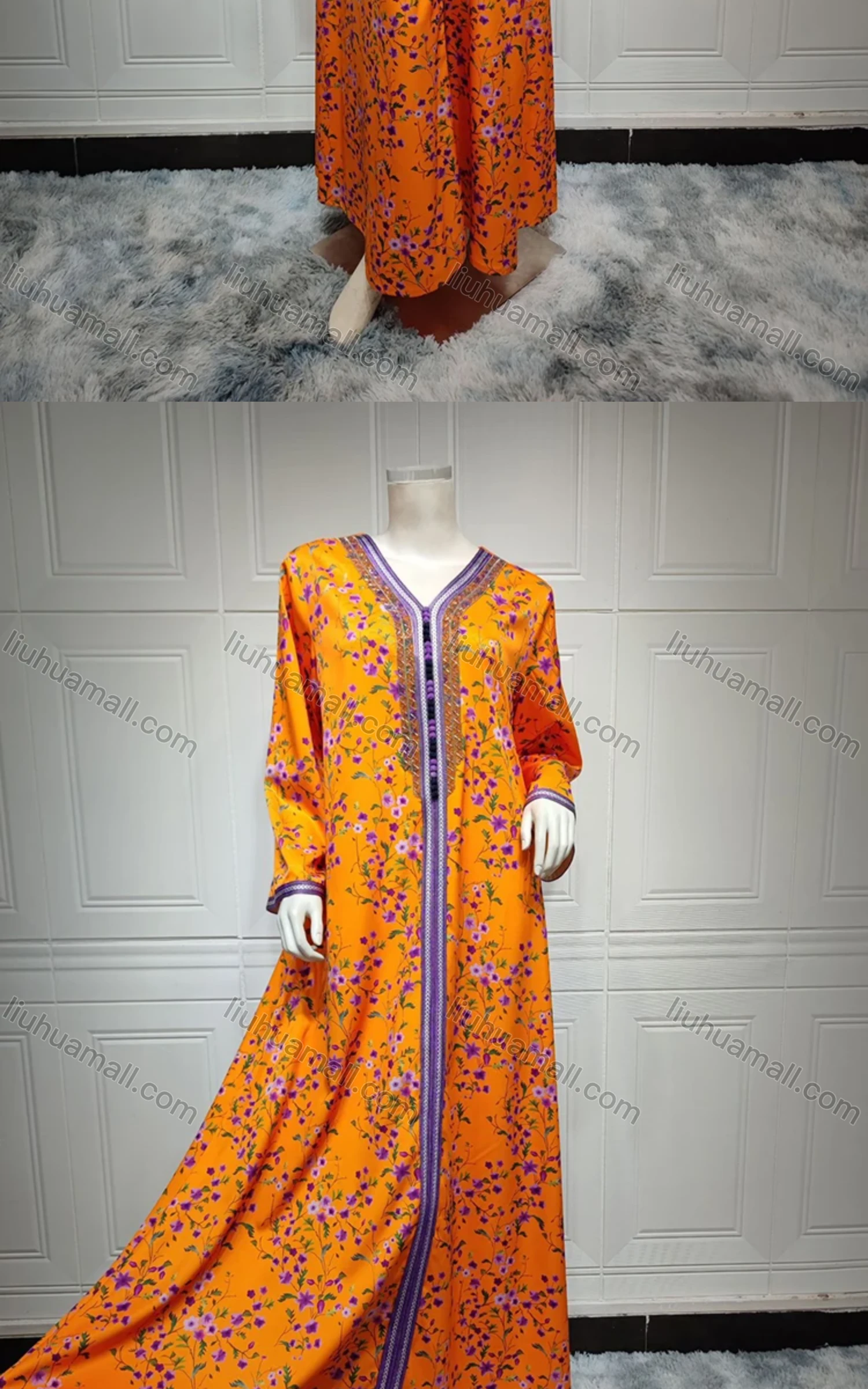 Wholesale Women's Muslim Islamic Vintage Long Sleeve Ditsy Floral Splicing Embroidered Abaya Dress AB317# - Liuhuamall
