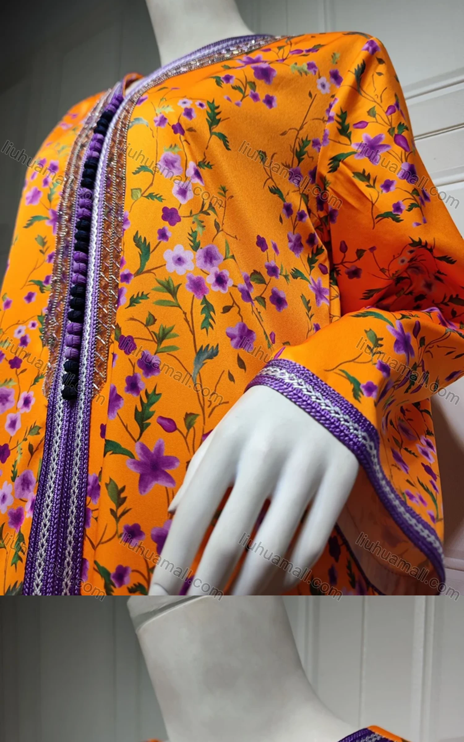 Wholesale Women's Muslim Islamic Vintage Long Sleeve Ditsy Floral Splicing Embroidered Abaya Dress AB317# - Liuhuamall